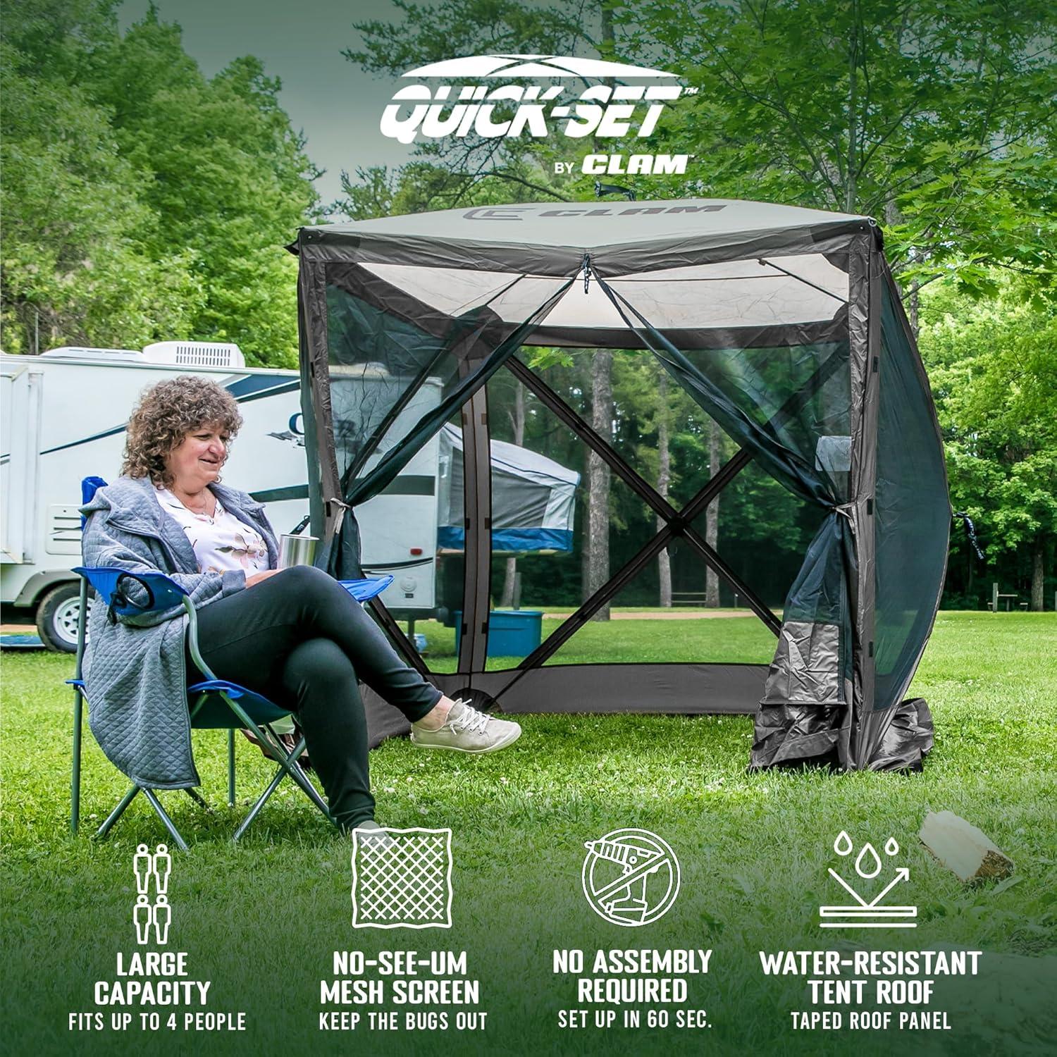 CLAM Quick-Set Pavilion Portable Pop-Up Outdoor Camping Gazebo Screen Tent Sided Canopy Shelter with Ground Stakes & Carry Bag