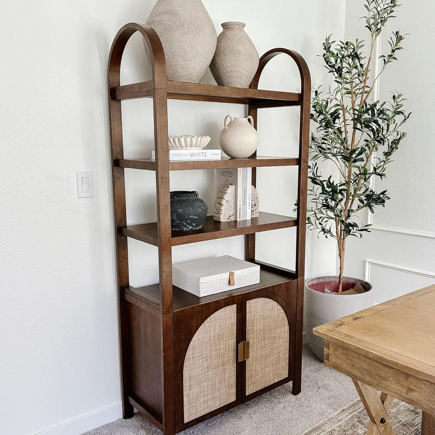 Boho 3-Shelf Bookshelf Cabinet With Rattan Doors