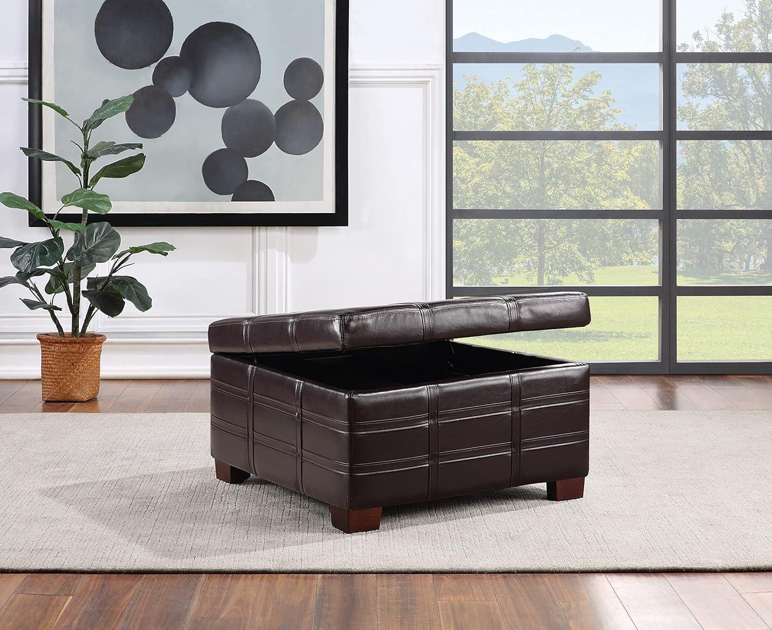 Detour Strap Square Storage Ottoman in Espresso Faux Leather