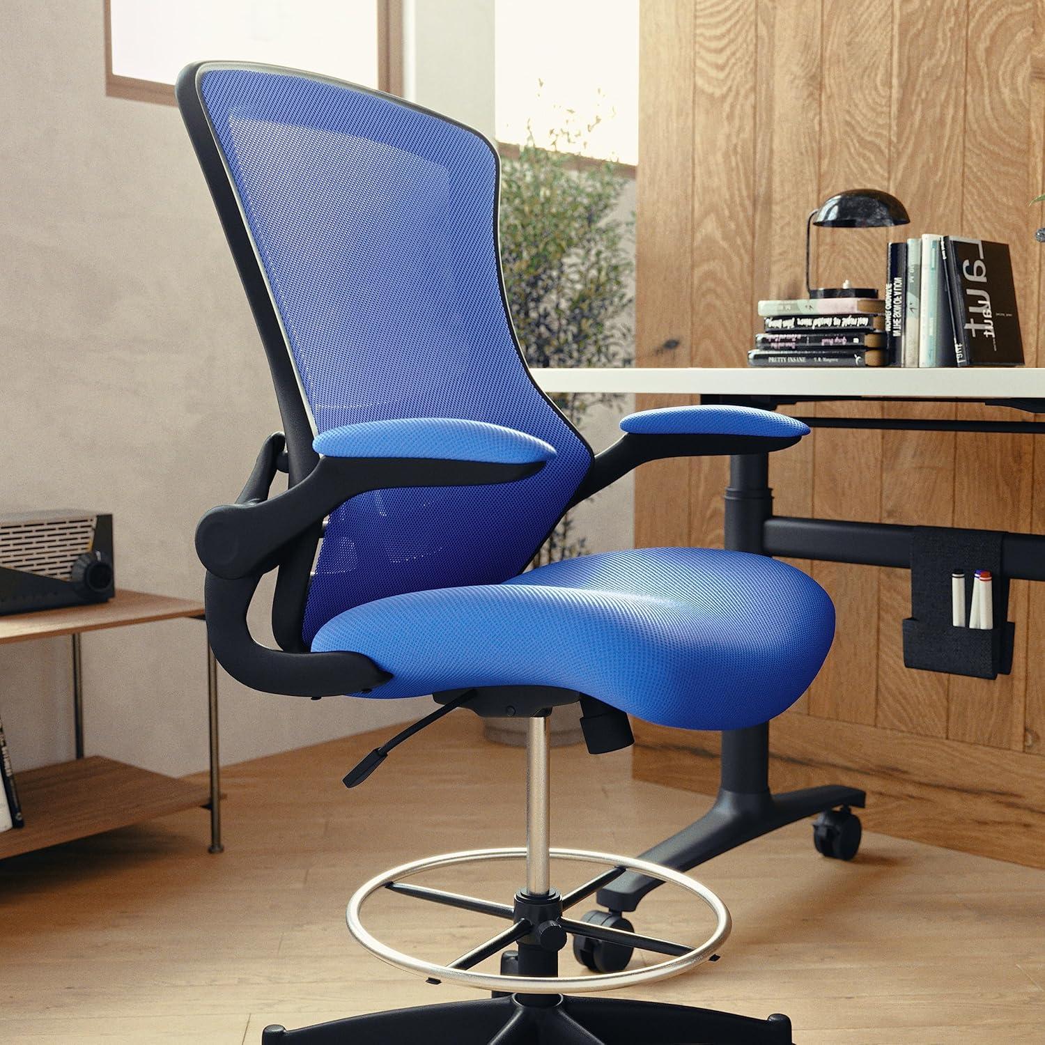 Flash Furniture Kelista Mid-Back Blue Mesh Ergonomic Drafting Chair with Adjustable Foot Ring and Flip-Up Arms