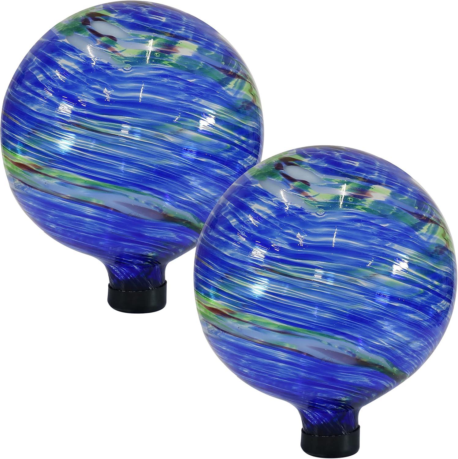Sunnydaze Northern Lights Glass Gazing Globe with Stemmed Bottom and Rubber Cap - 10" Diameter - Blue and Green Swirl - Set of 2