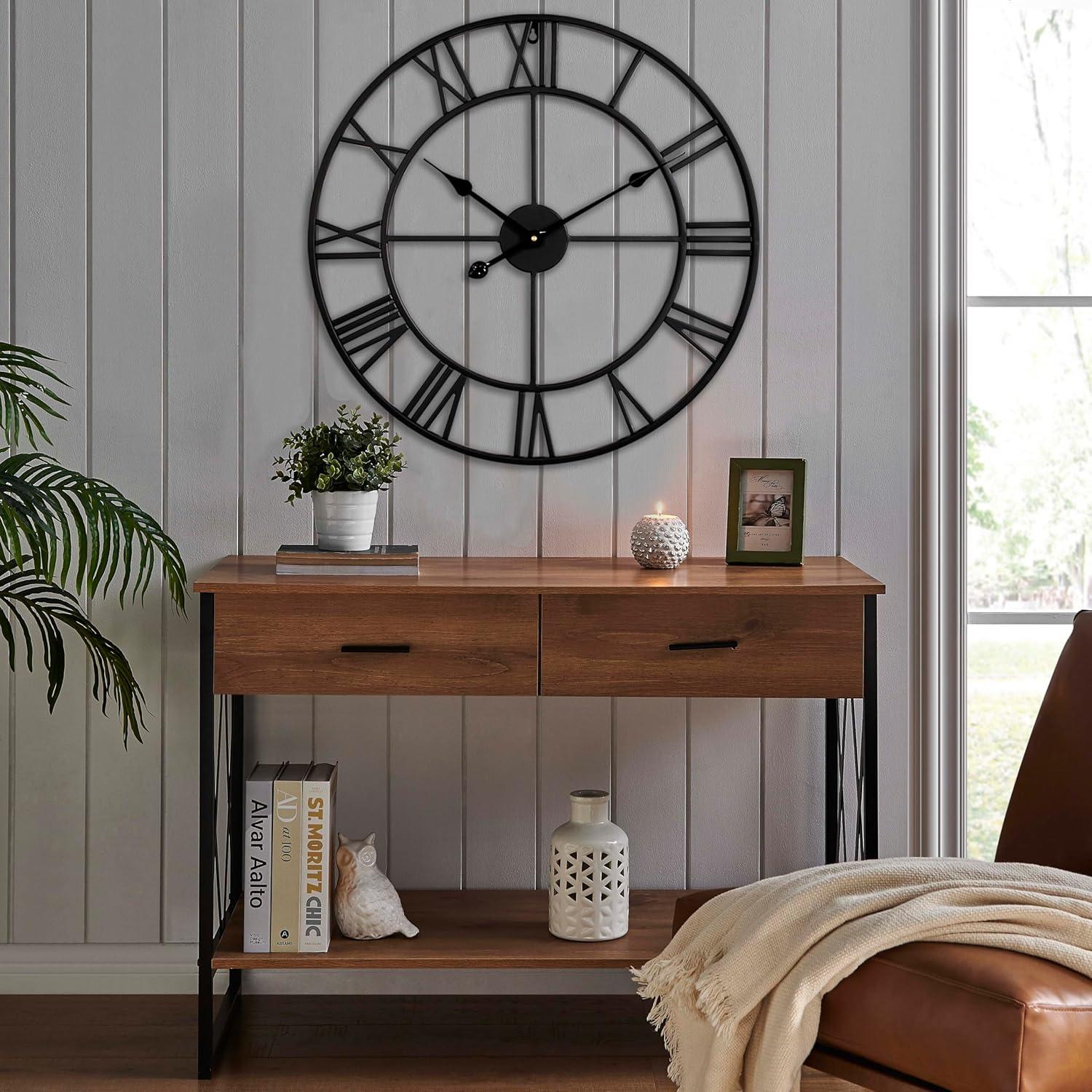 Oversized Black Metal Roman Numeral Wall Clock