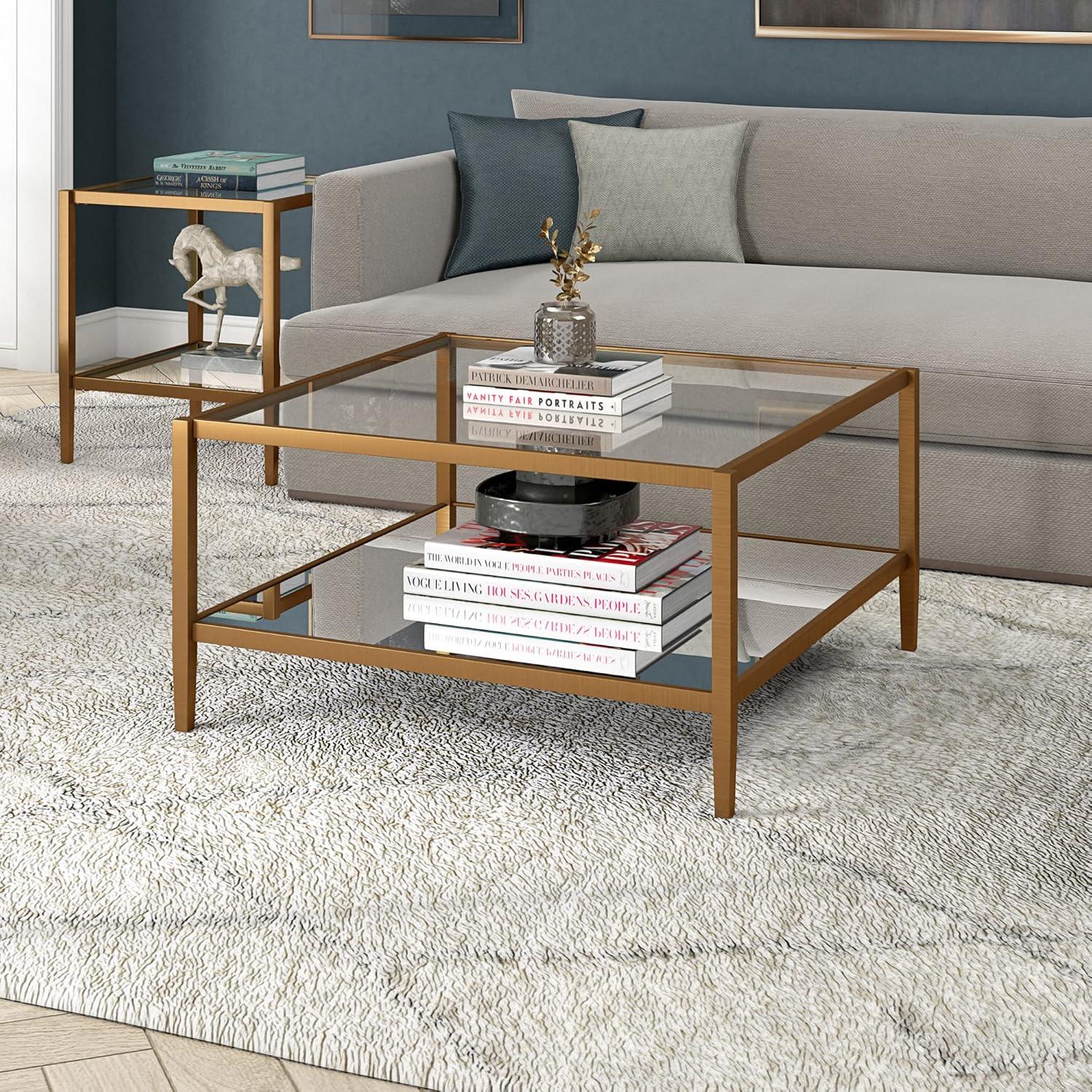 Evelyn&Zoe Hera 32" Wide Square Coffee Table with Mirror Shelf, Antique Brass