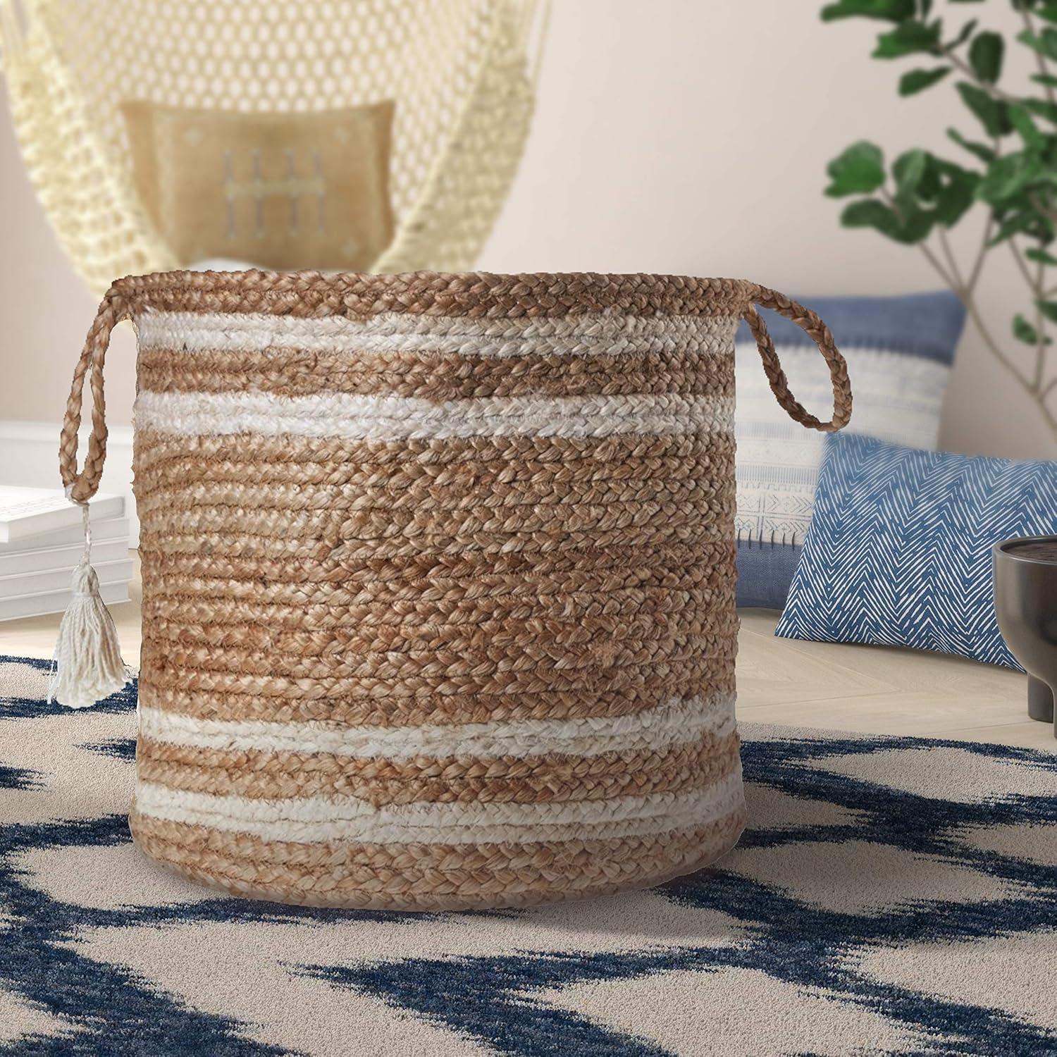 LR Home Baria Natural Jute 17" x 17" Braided Striped Decorative Storage Basket