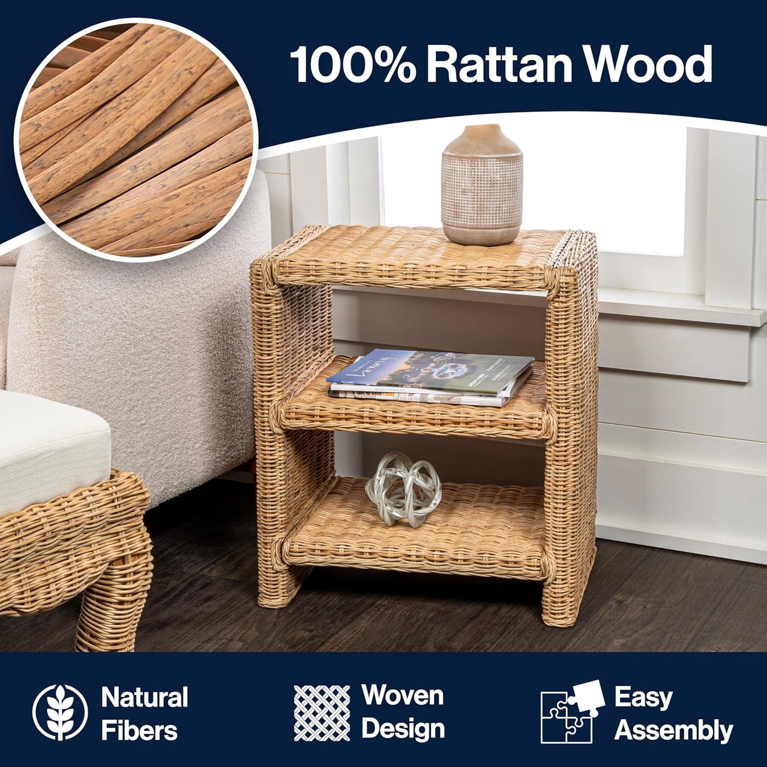 JONATHAN Y Praerie 22" Coastal Bohemian Rattan/Wood 3 Tier End Table, Natural