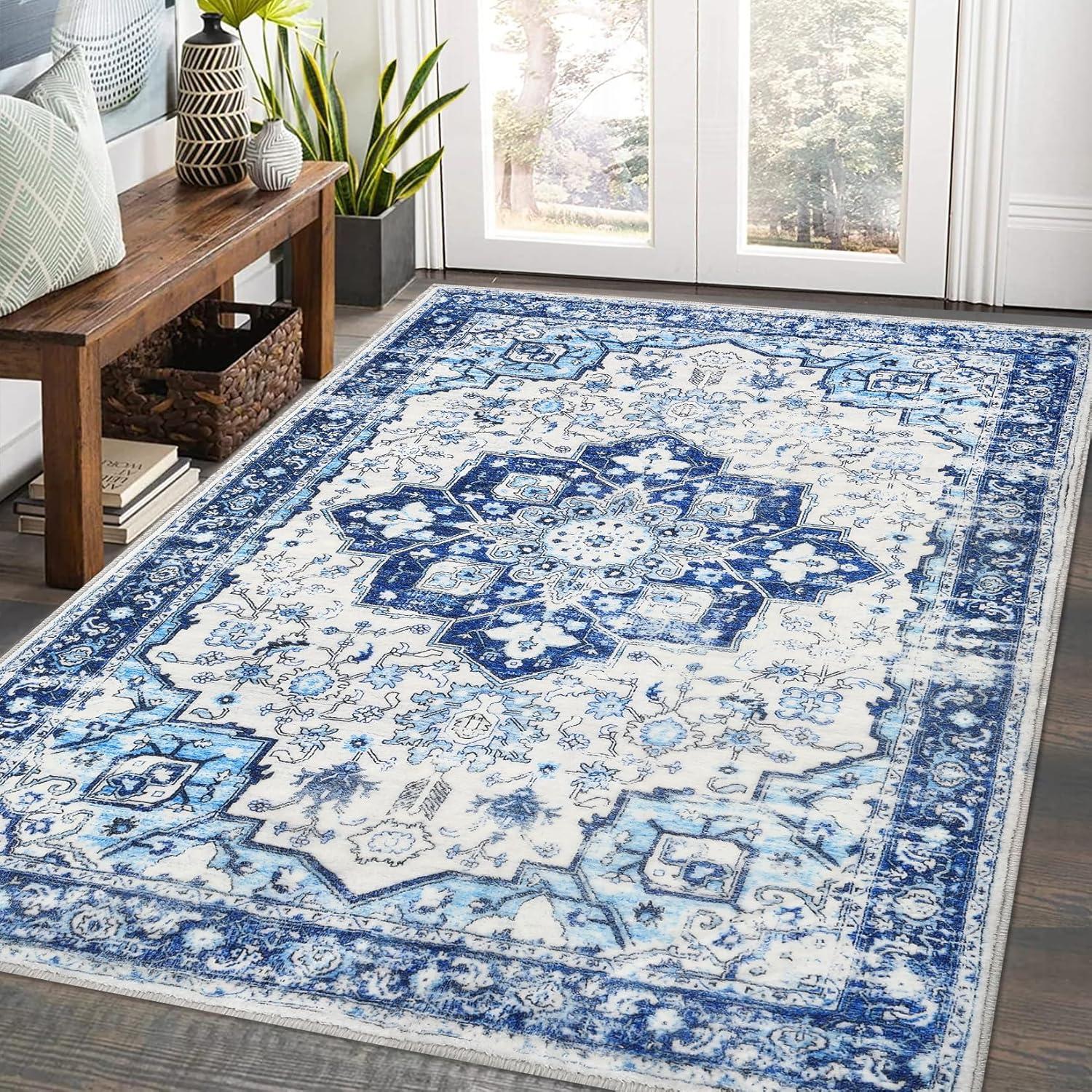 GlowSol 8x10 Floral Area Rug for Living Room Bedroom Retro Distressed Area Rug Traditional Medallion Non-Slip Low Pile Carpet Floor Decoration, Blue