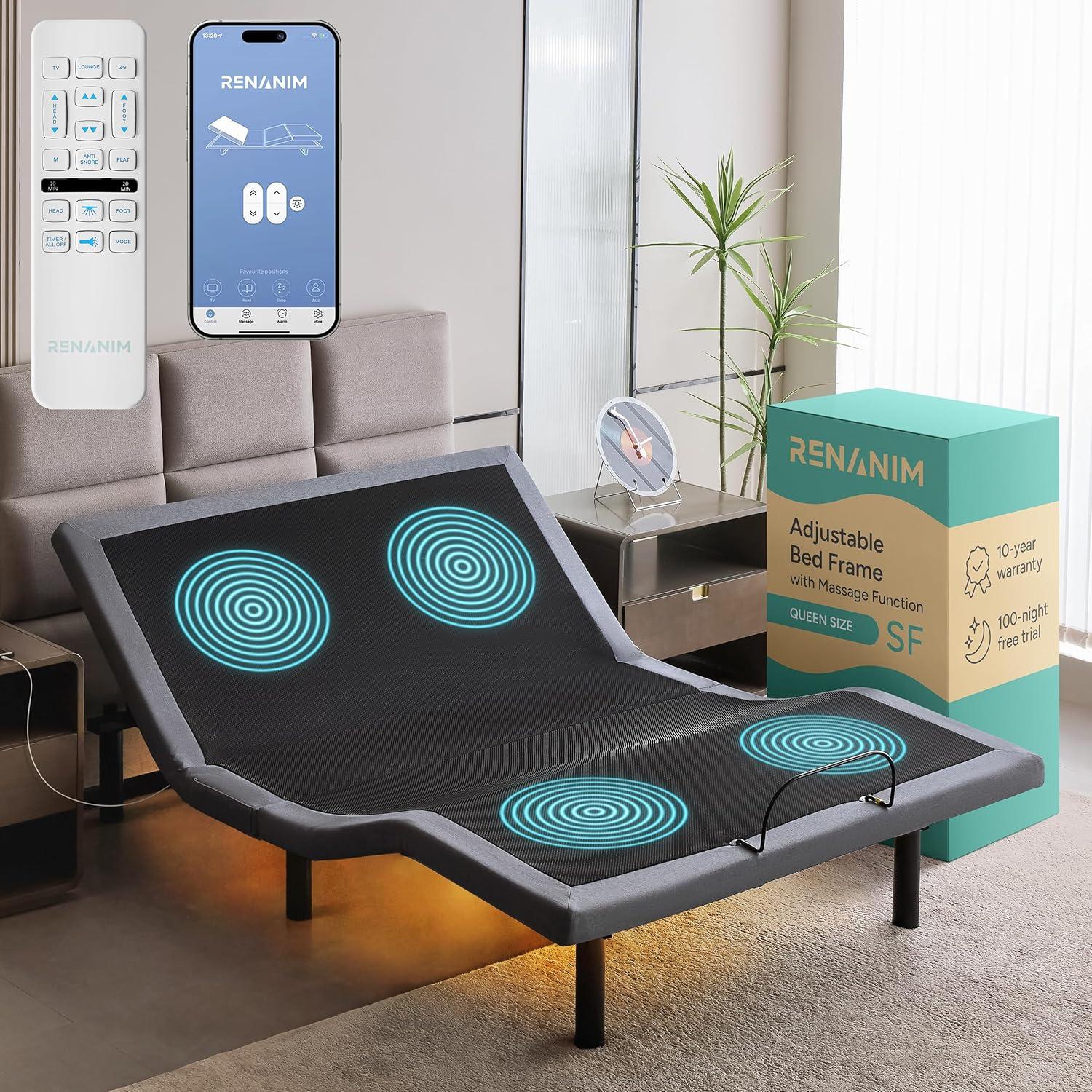 Renanim Serenityflex Adjustable Bed Frame with Electric Dual Massage - USB, Under Bed Light, Zero Gravity, App Control, Head and Foot Incline, Reclining Base Full
