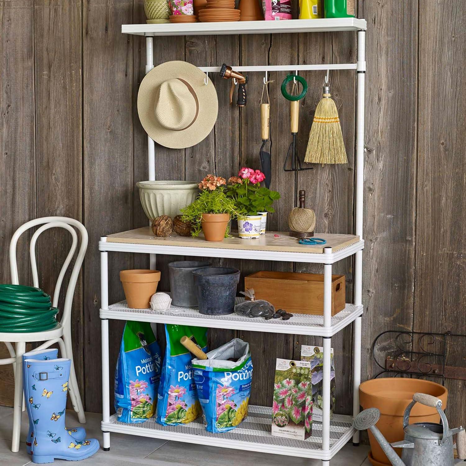 Design Ideas MeshWorks Metal Storage Utility Wood Top Shelving Unit Rack