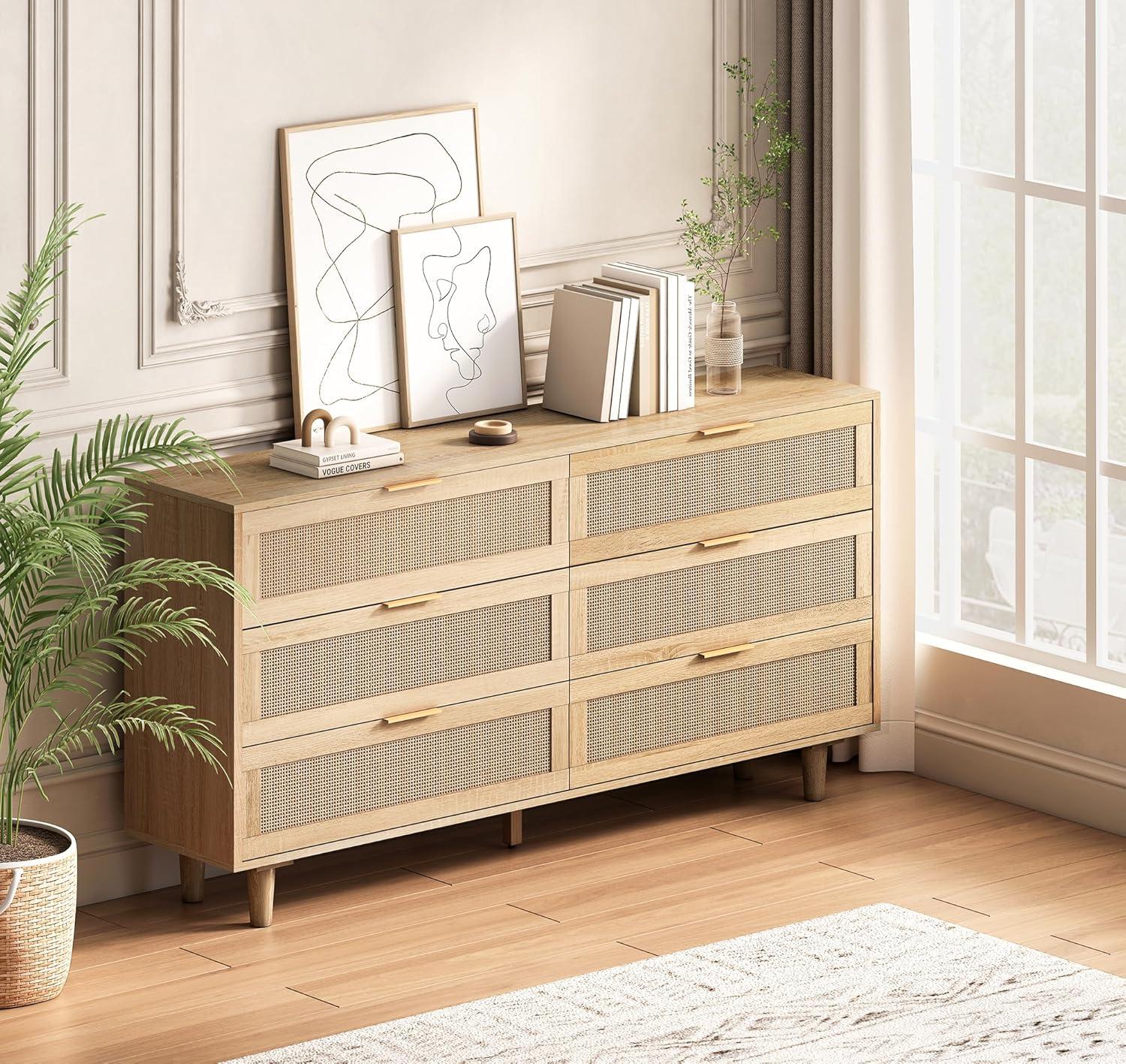 Rattan Dresser Modern Chest With 6 Drawer Dresser Wood Storage Closet Dressers