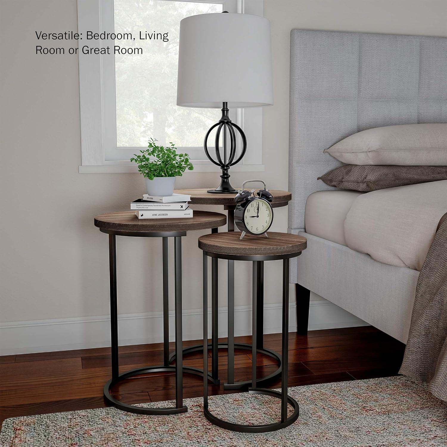 Set of 3 Round Living Room Nesting or End Tables with Black Metal Base, Gray-Brown