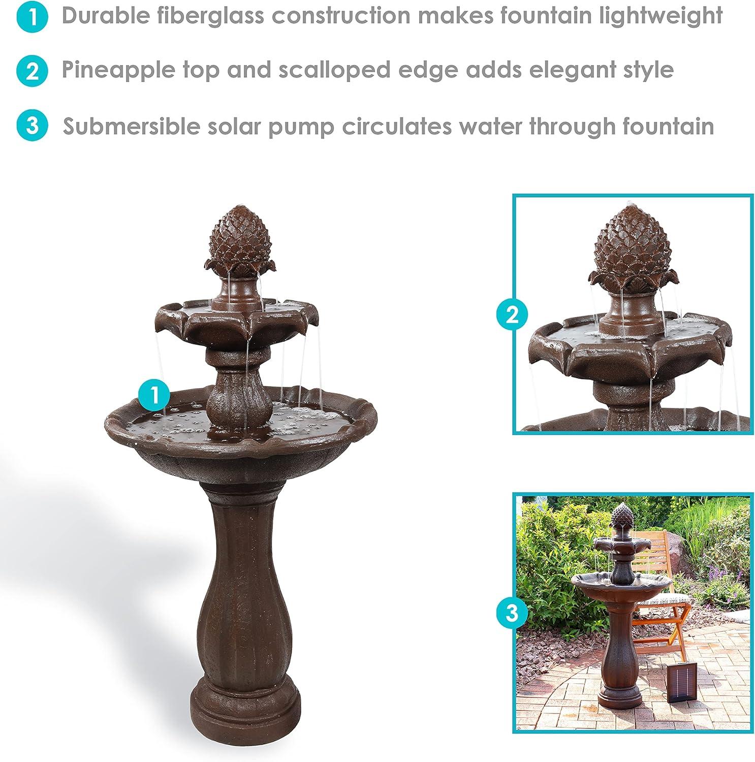 Sunnydaze Outdoor 2-Tier Pineapple Solar Powered Water Fountain with Battery Backup and Submersible Pump - 46" - Rust Finish