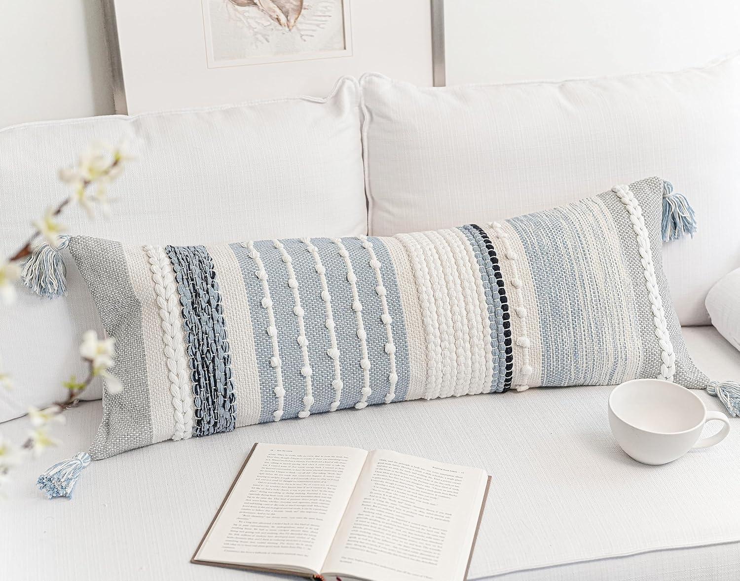 Coastal Blue Decorative Lumbar Pillow Cover 14x36 Boho Long Body Pillow for Bed Farmhouse Lumbar Throw Pillow for Couch Modern Accent Textured Throw Pillowcase