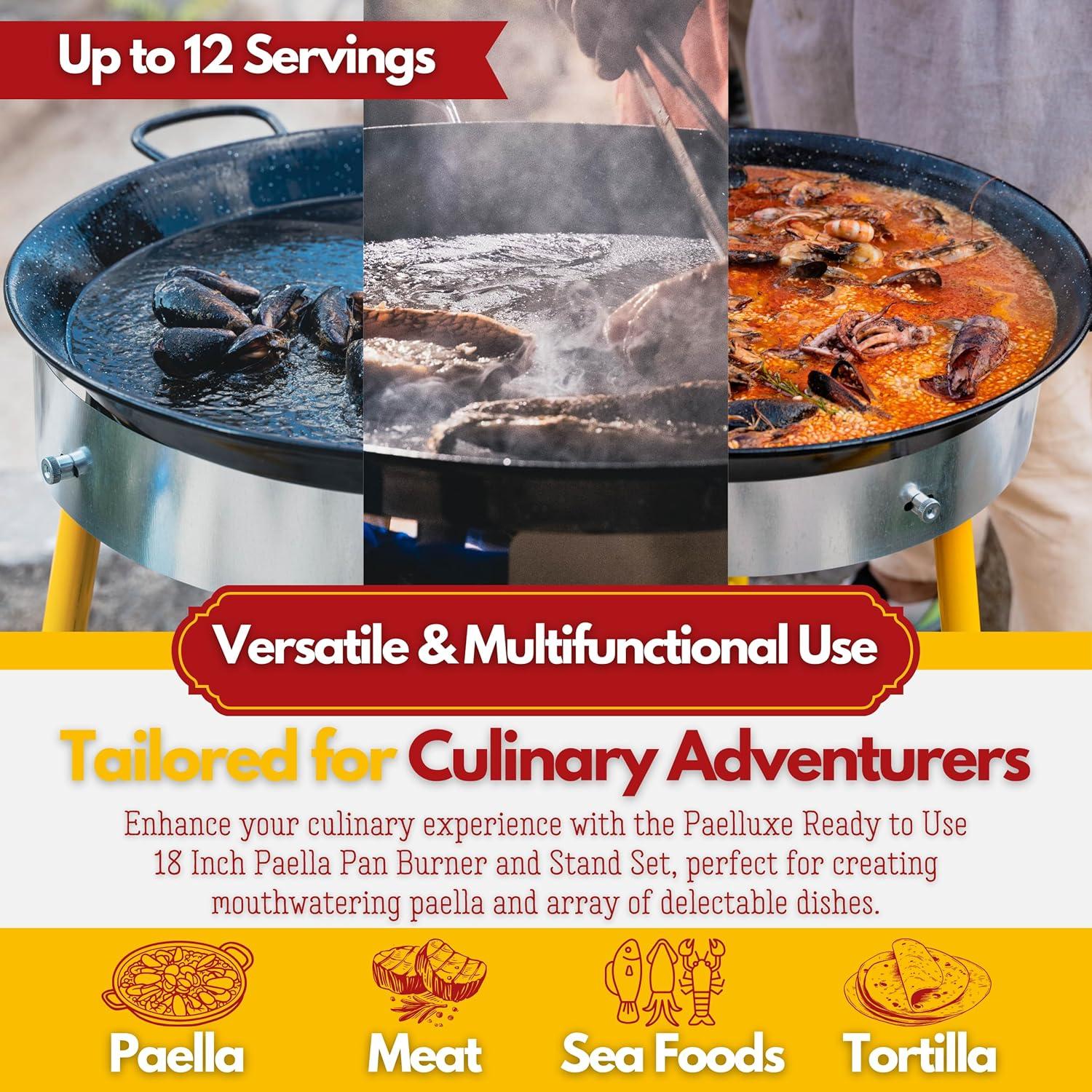 Paelluxe Paella Burner and Stand Set 20 Servings, 24 Inch Paella Pan, Dual Propane Outdoor Stove with Stand & Regulator, Portable Gas Cooker for Camping Crawfish Boil Cooking Outdoor, Paellera Propano