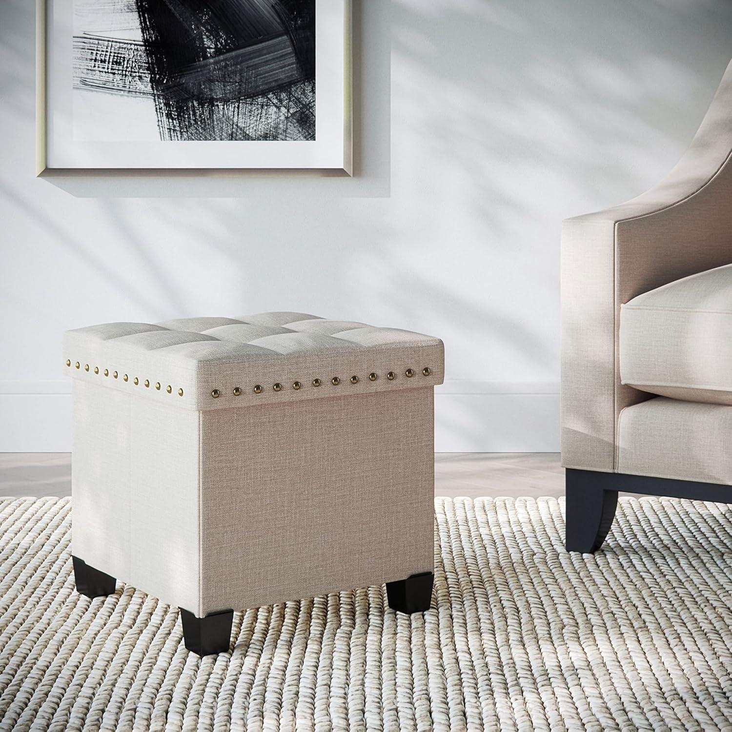 Beige Foldable Cube Storage Ottoman with Nailhead Trim