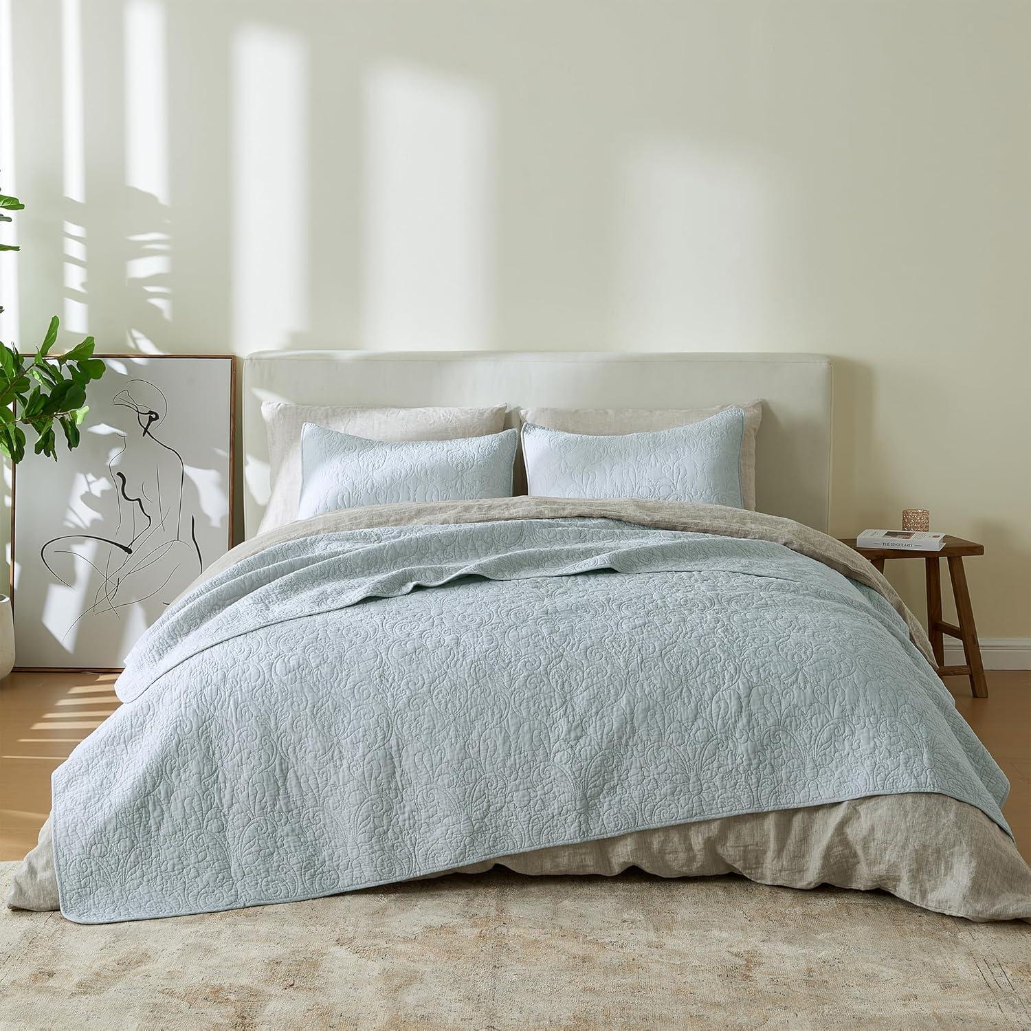 Vintage Comfort 100% Cotton Stitched 3 Piece Quilt Set with Shams, Full / Queen