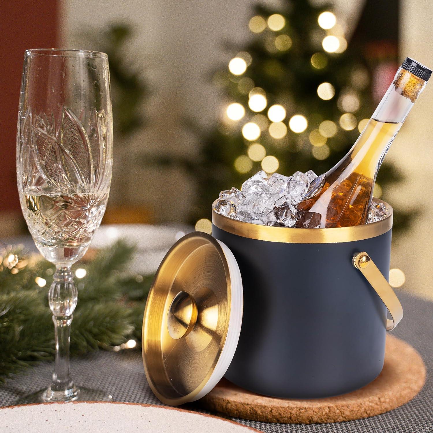 3L Double Wall Insulated Stainless Steel Ice Bucket with scoop for Cocktail Bar,Metal Ice Bucket for freezer with Lid for parties.ice Container to Keep Ice Colder,bar cart accessories(black)