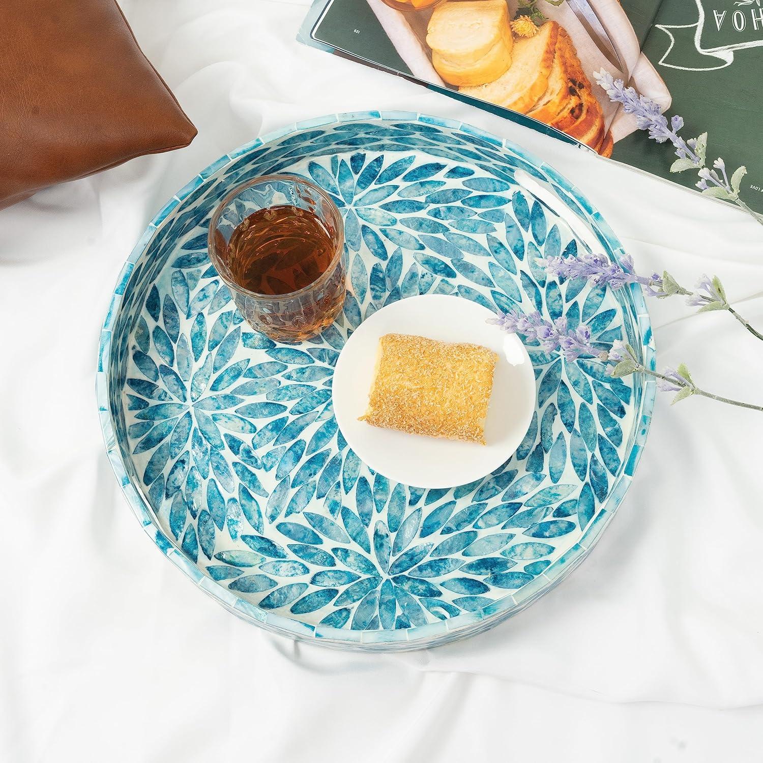 CLAYNIX Serving Tray 12.5 Inch, Lacquer Mother of Pearl Inlay Mosaic Tray, Round Wooden Marble Tray with Handles Trays for Tea, Breakfast (Flower Style)