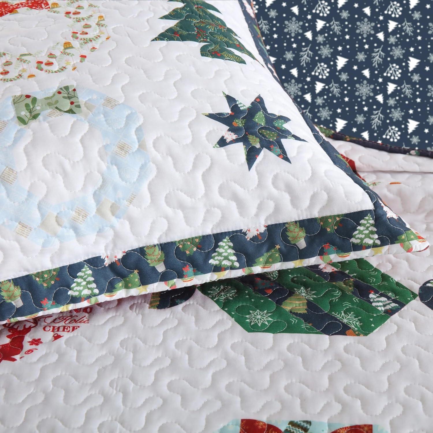 Blue Reversible Queen Christmas Quilt Bedspread Set