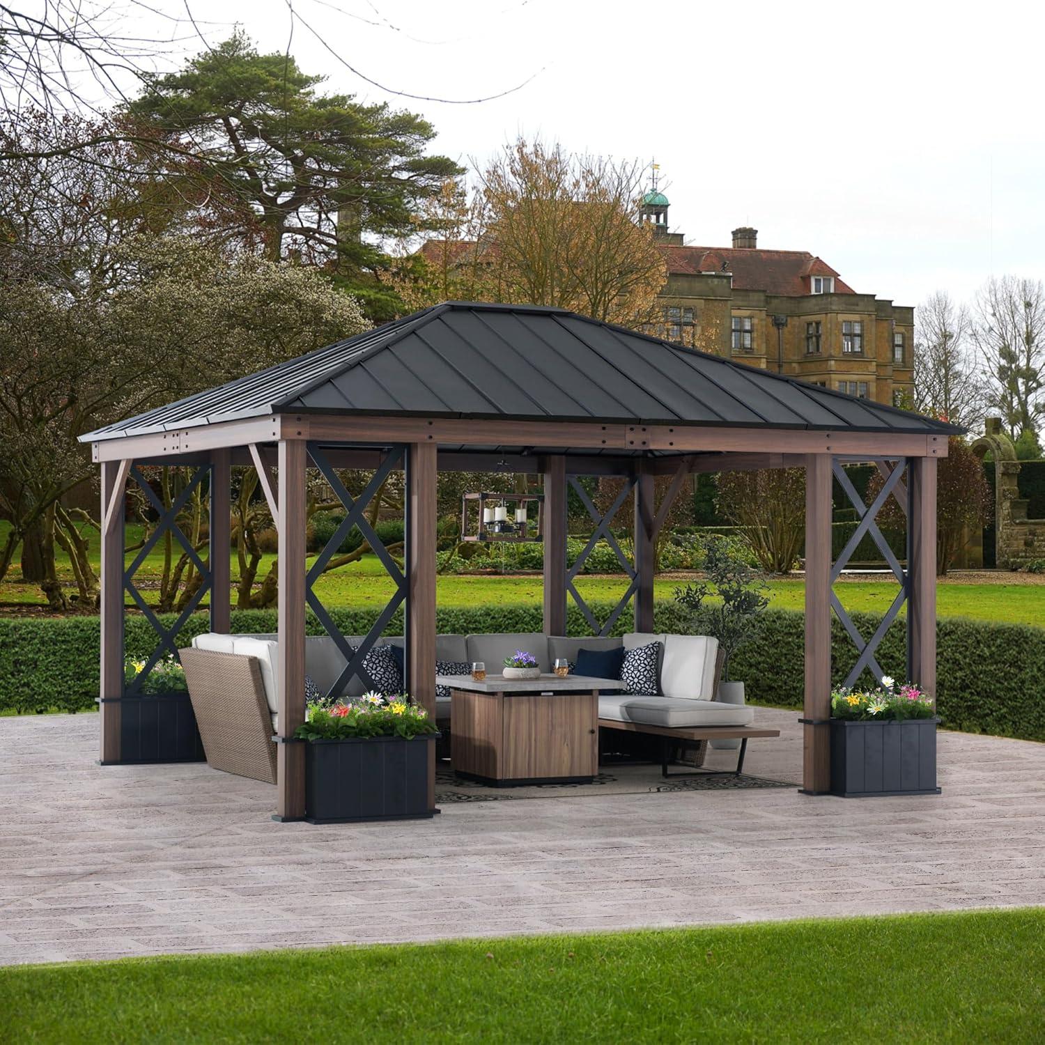 Sunjoy Sunjoy 13 ft. x 15 ft. Hardtop Gazebo, Outdoor Black Steel Roof Gazebo Aluminum Framed Gazebo with Planters and Ceiling Hook for Patio, Garden, and Backyard Activities
