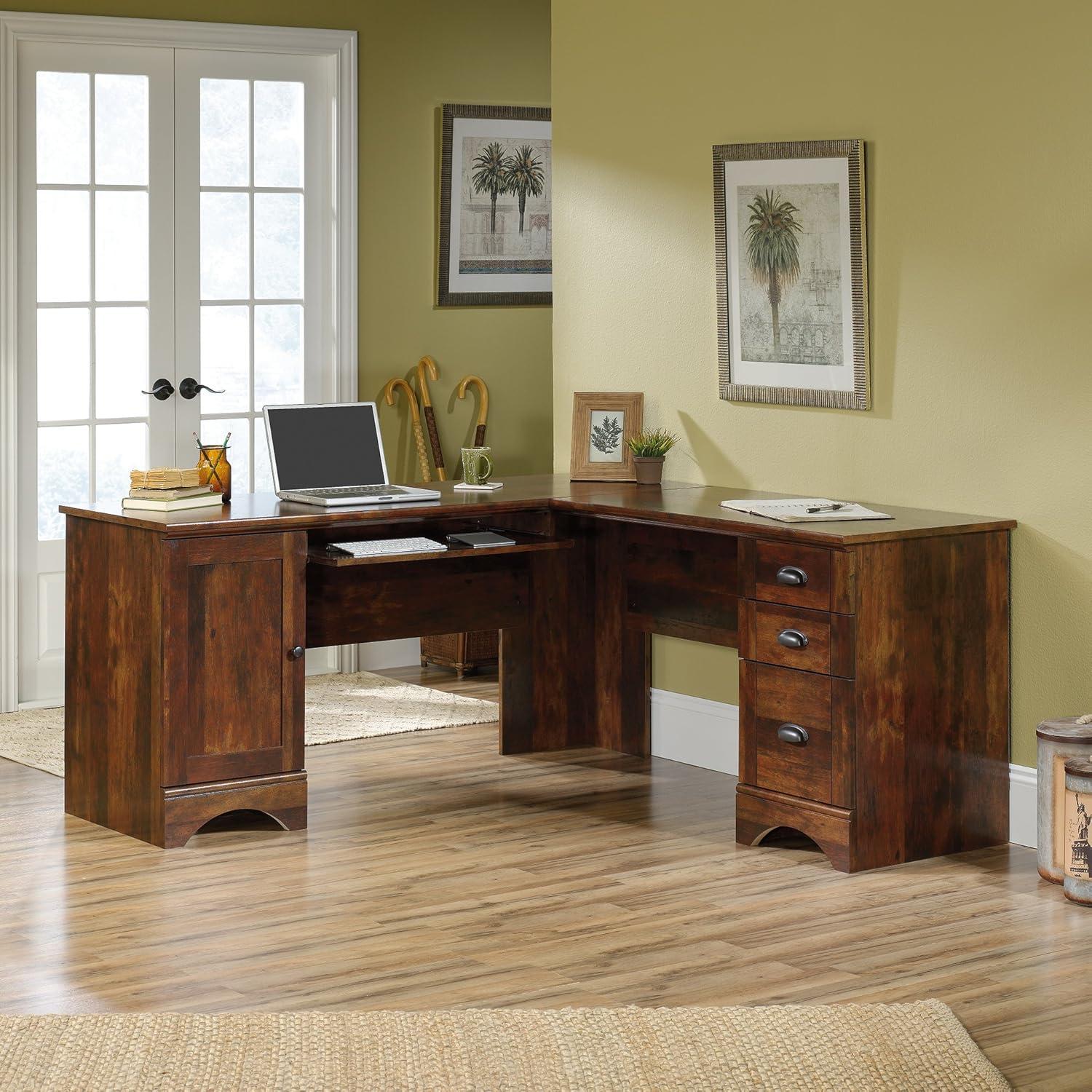 Curado Cherry L-Shaped Wood Corner Computer Desk with Drawers