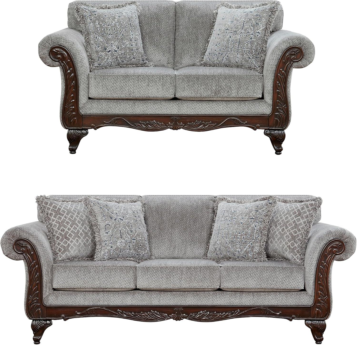 Roundhill Furniture Hernen Carved Wood Frame Polyester Sofa and Loveseat Set, Gray