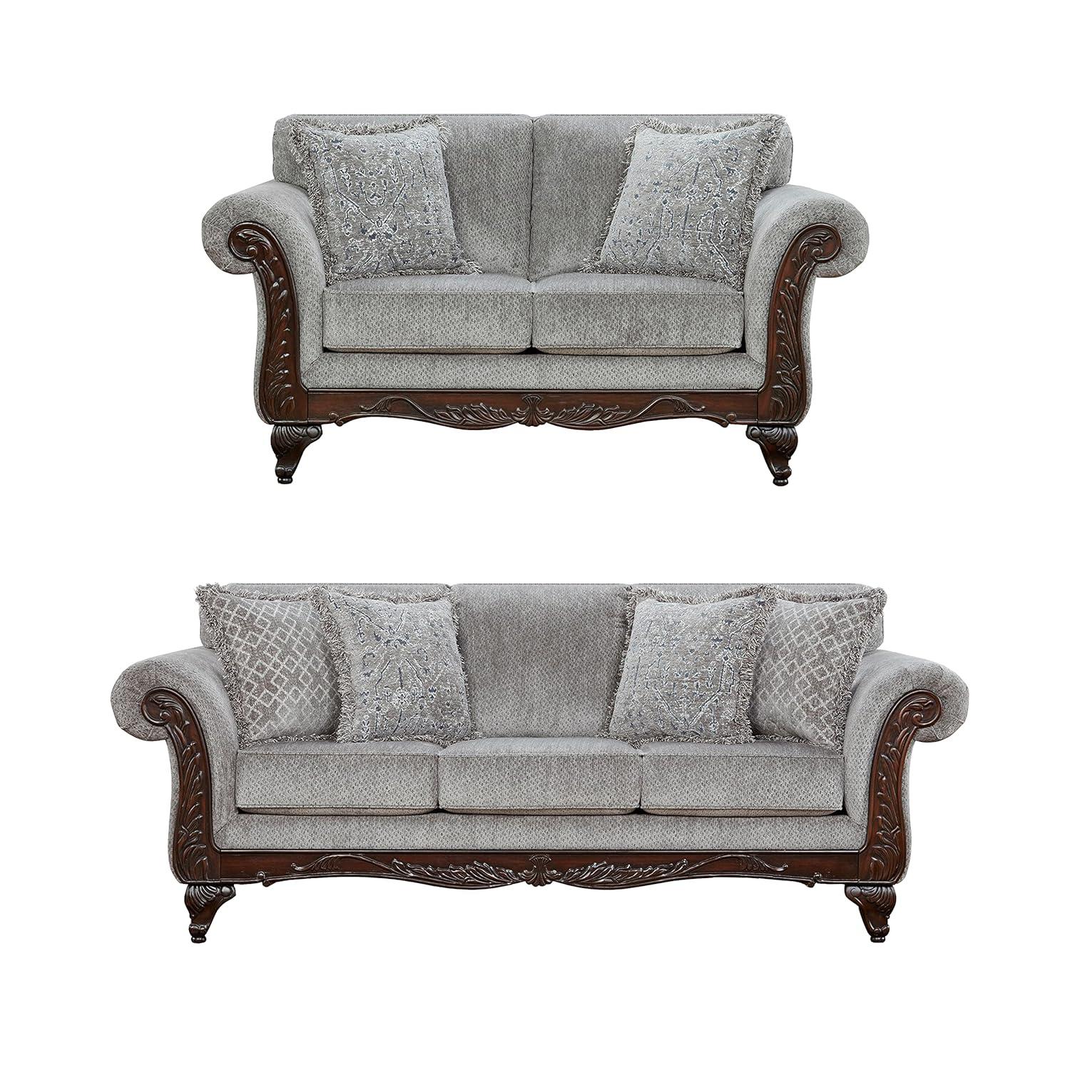 Roundhill Furniture Hernen Carved Wood Frame Polyester Sofa and Loveseat Set, Gray