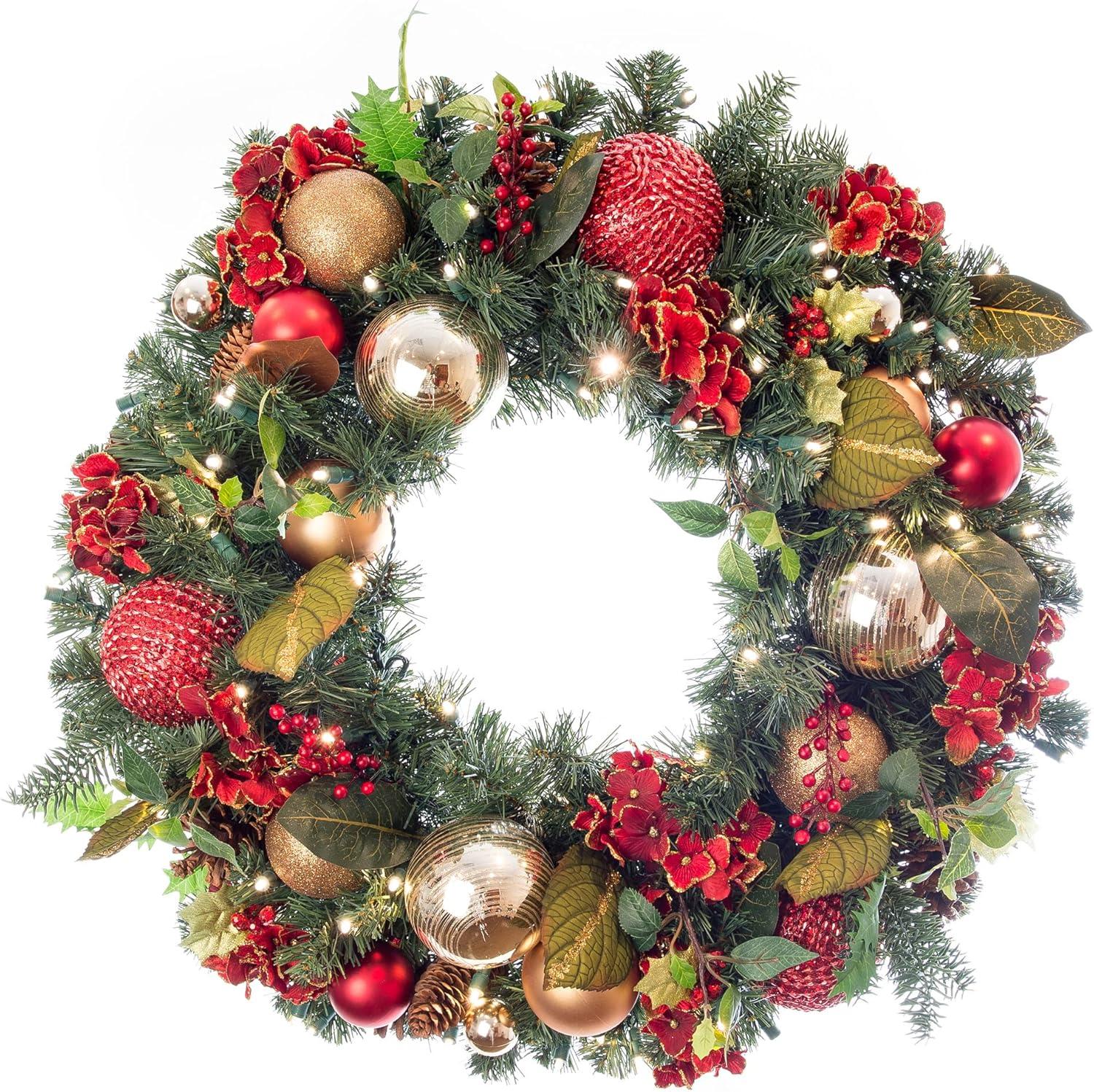 30 in. Lighted Christmas Wreath - Scarlet Hydrangea