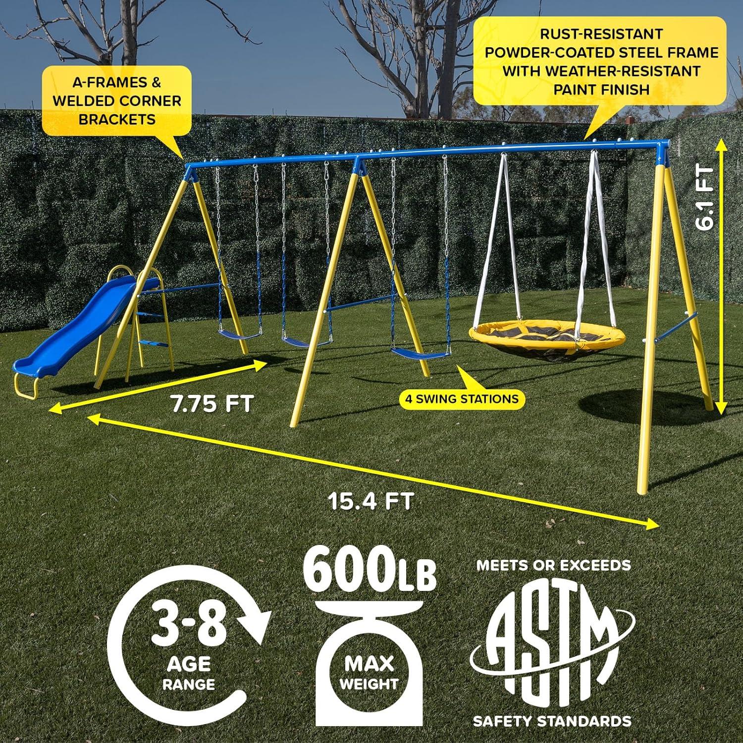 Sportspower Albany Metal Swing Set with 2 Person Glider Swing, 2 Adjustable Sling Swing Seats, 5' Double Wall Slide with Lifetime Warranty, & Bonus Anchor Kit, Great for Kids 3-8