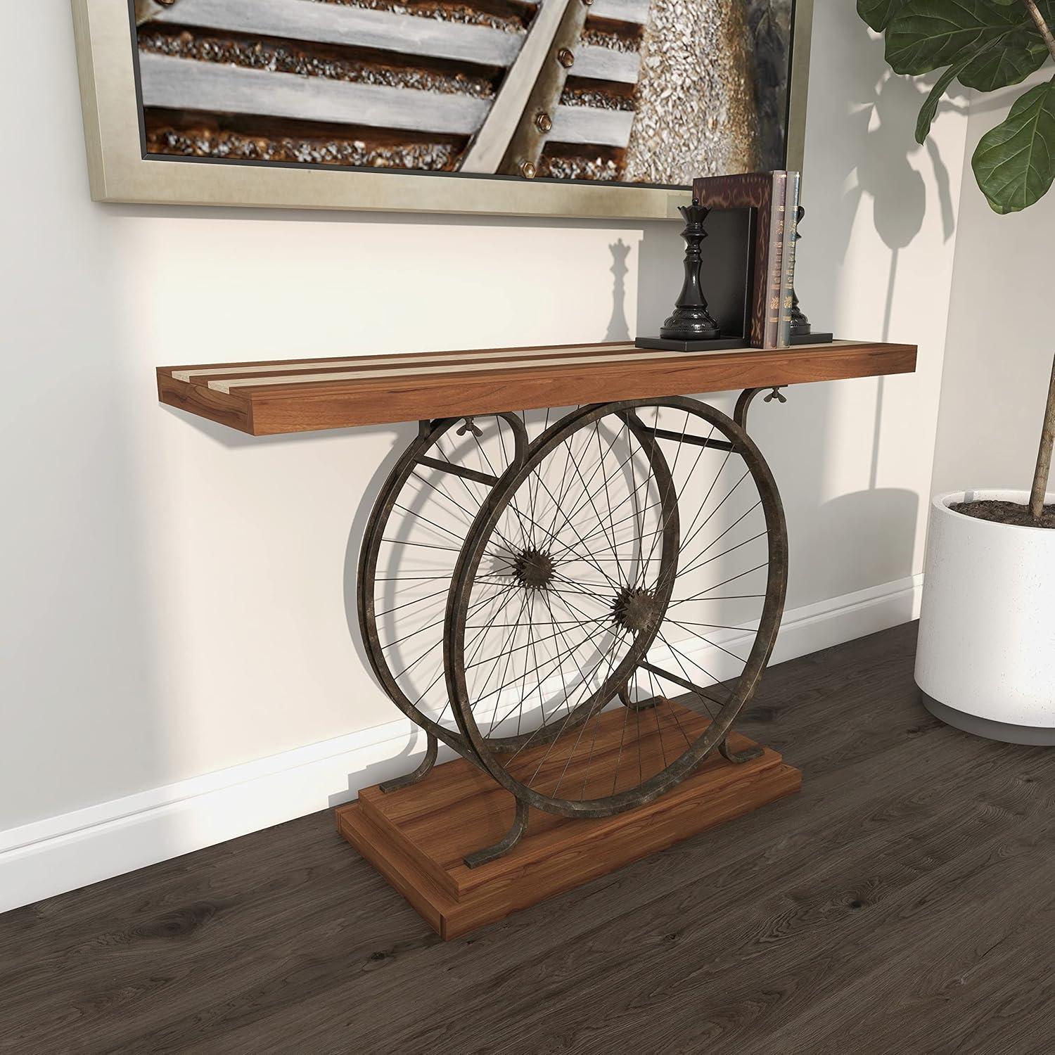 Olivia & May Industrial Wheel Console Table Brown: Iron Frame, Wood Top, Entryway Furniture