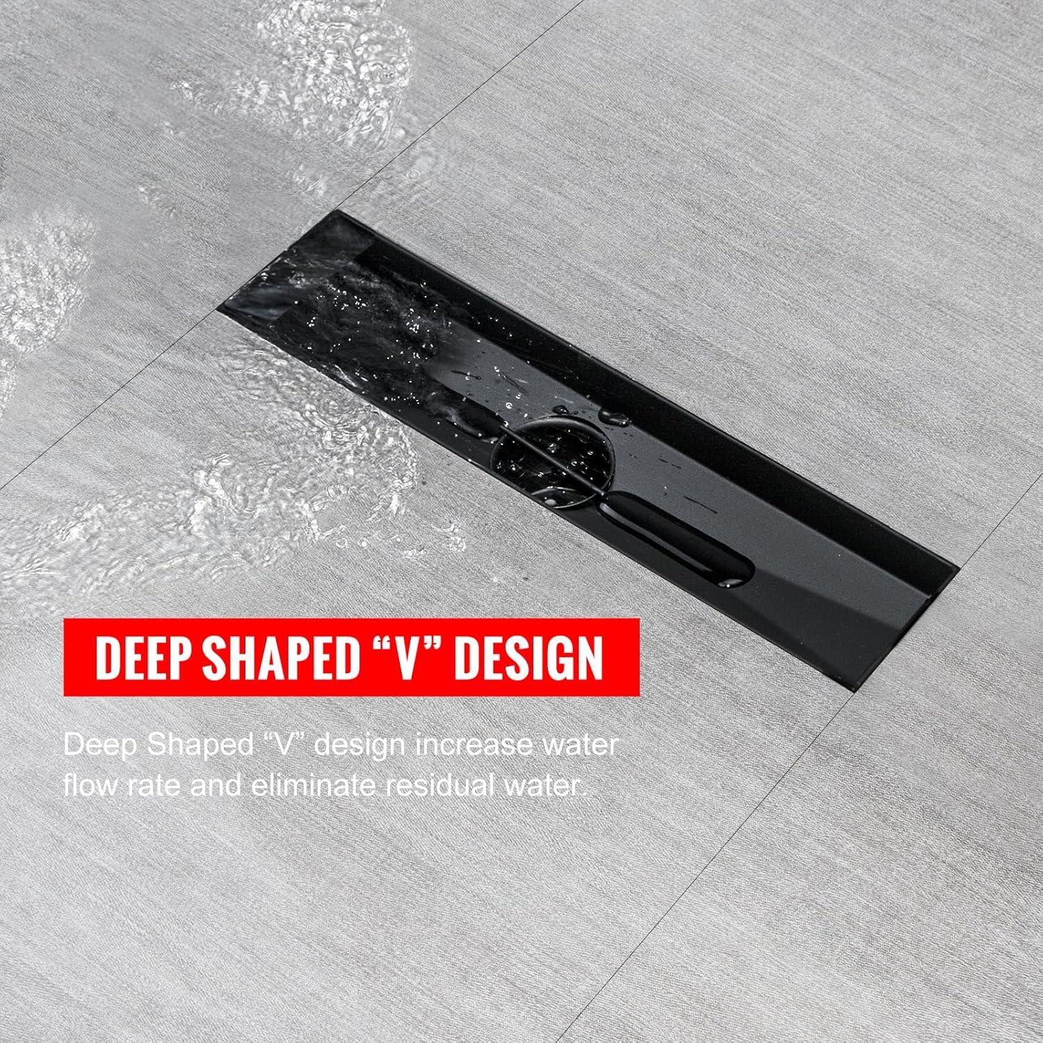 Black Shower Drain, Linear Shower Drain 12 Inch with Square Hole Panel, Matte Black Linear Drain with Hair Strainer and Leveling Feet