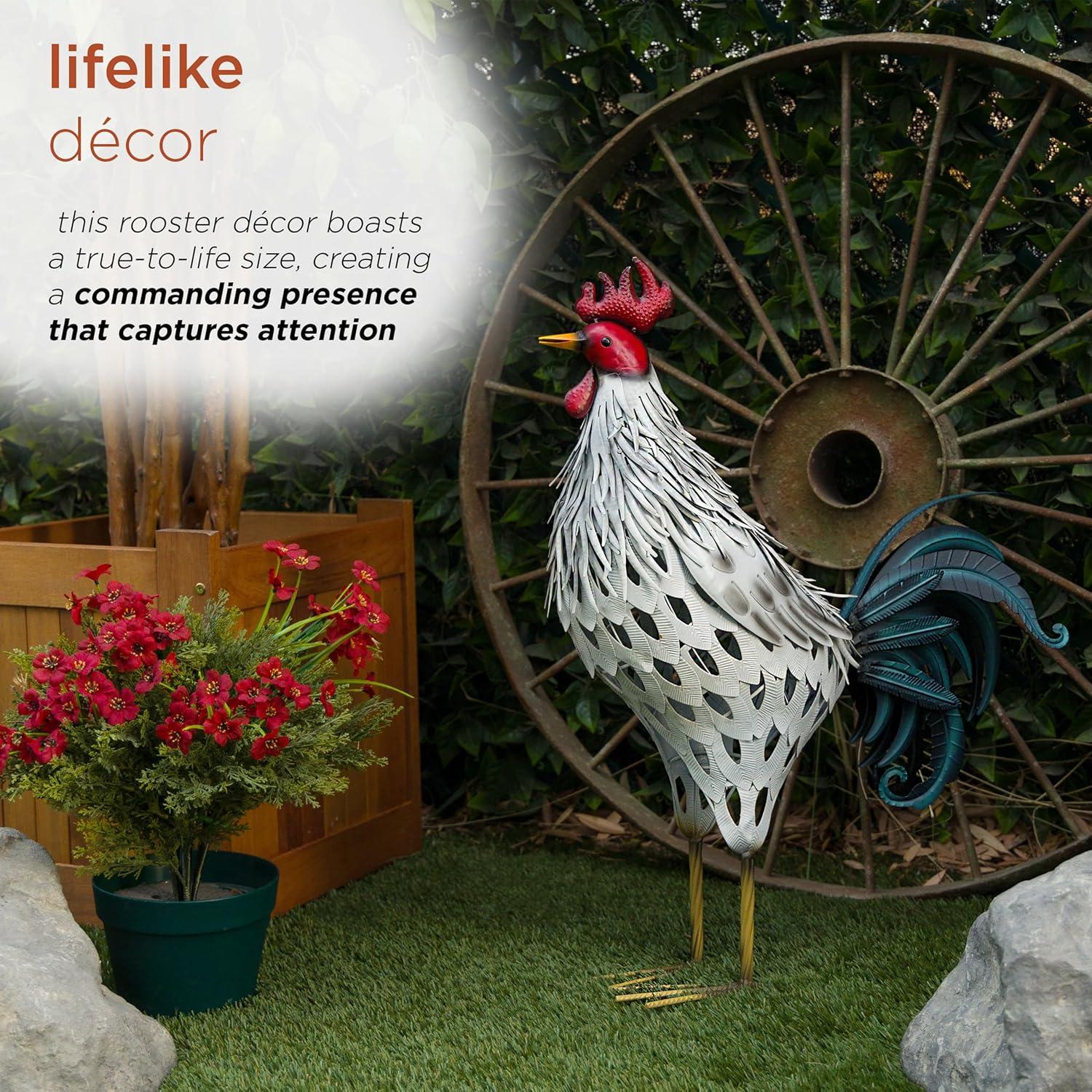 Lifelike White and Red Metal Rooster Garden Statue