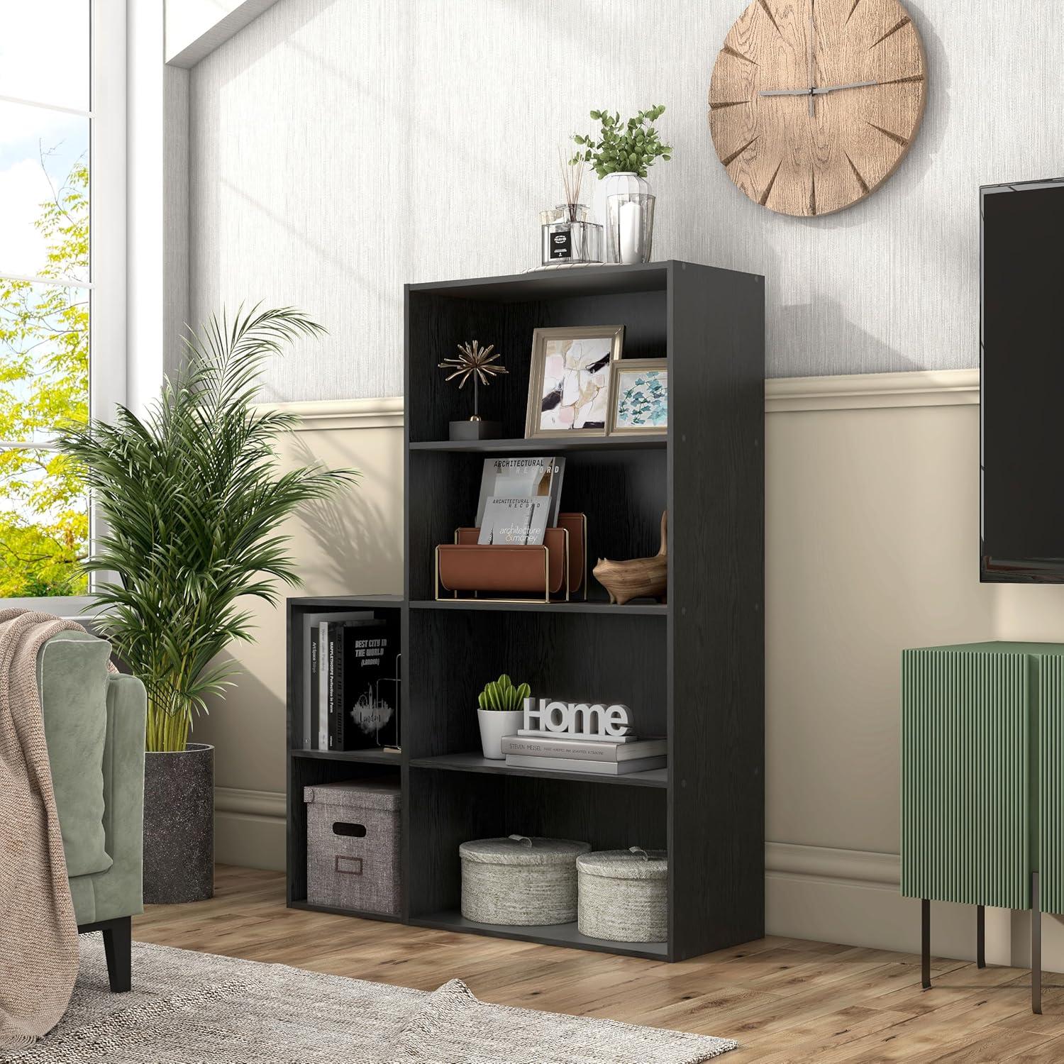 24/7 Shop At Home 47" Silkpath Modern 4 Tier Stackable and Modular Bookcase Black: Modular Organizer, MDF Wood