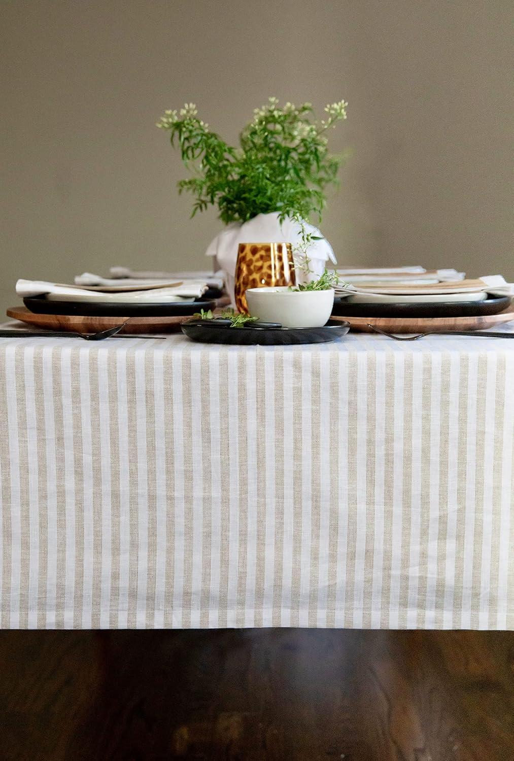 Natural and White Striped Linen Rectangular Tablecloth 60 x 90 Inch