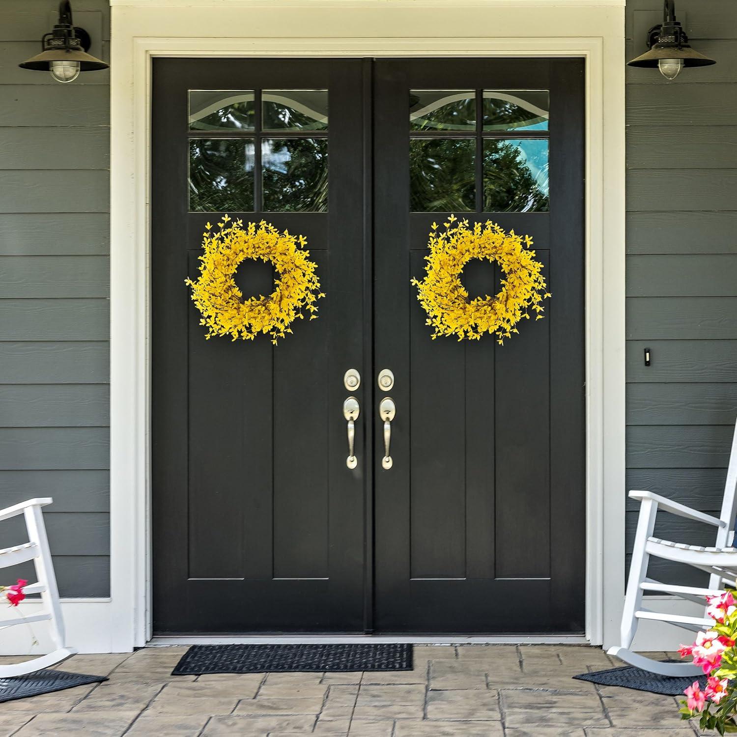 Pure Garden Set of Two 24-Inch Artificial Forsythia Wreaths for Home Decor
