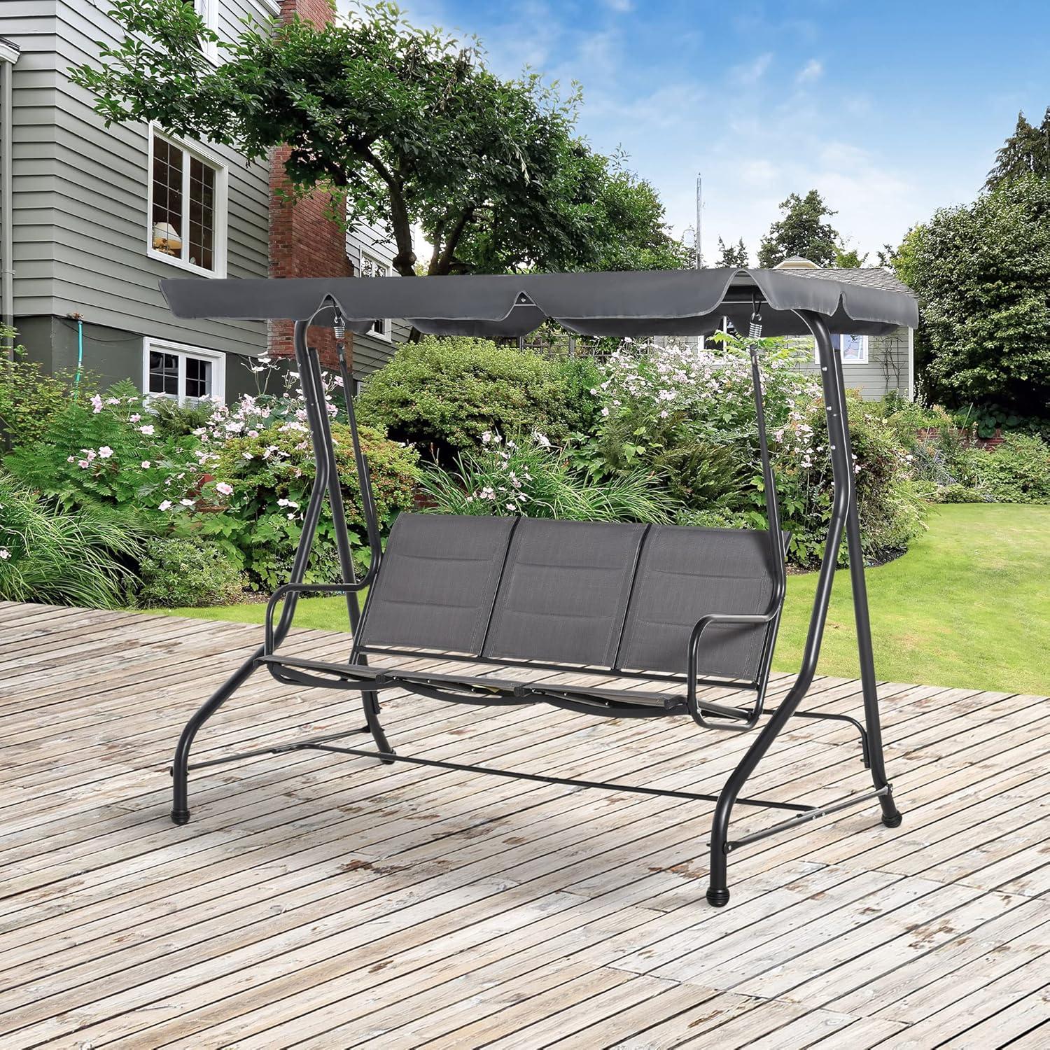 Outsunny 3-Seater Porch Swing Outdoor Swing Chair Patio Bench for Deck with Adjustable Canopy, Padded Sling Fabric Seat
