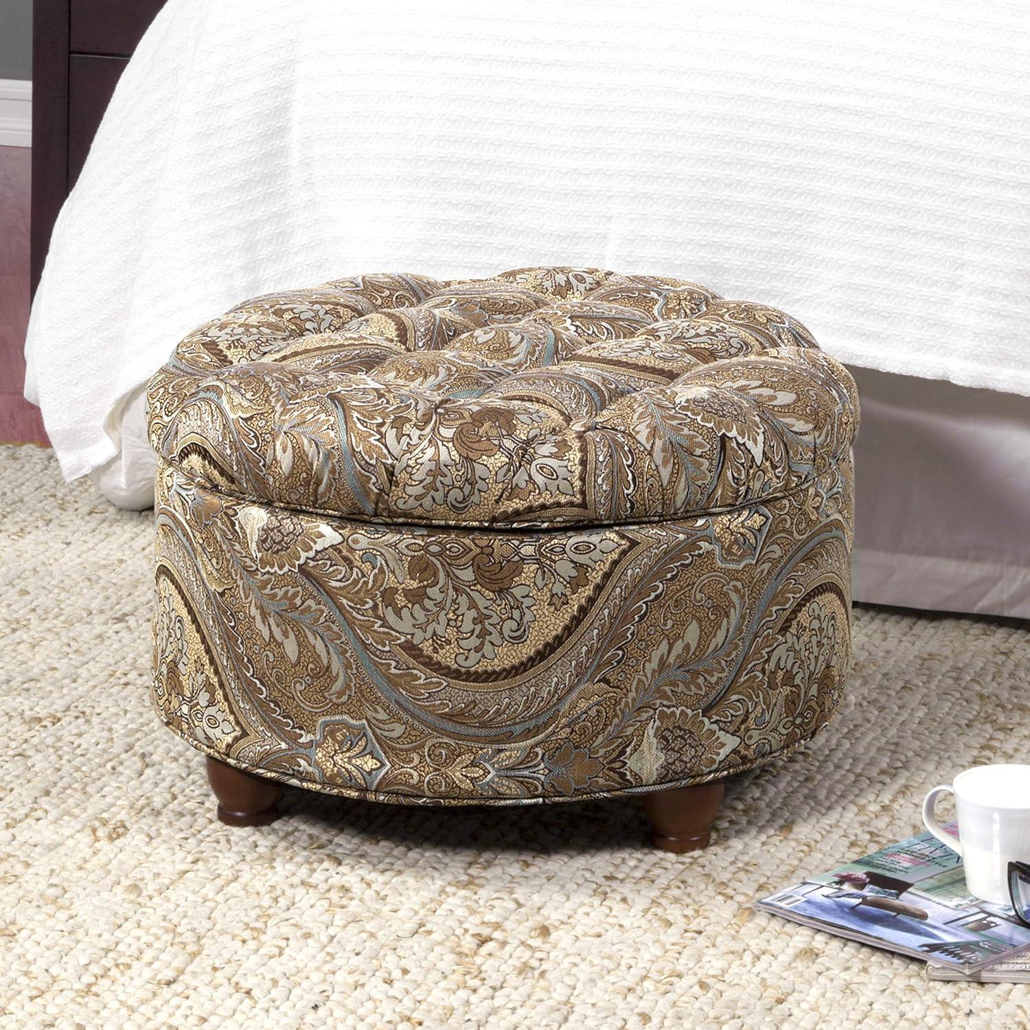 Brown and Teal Paisley Tufted Round Storage Ottoman