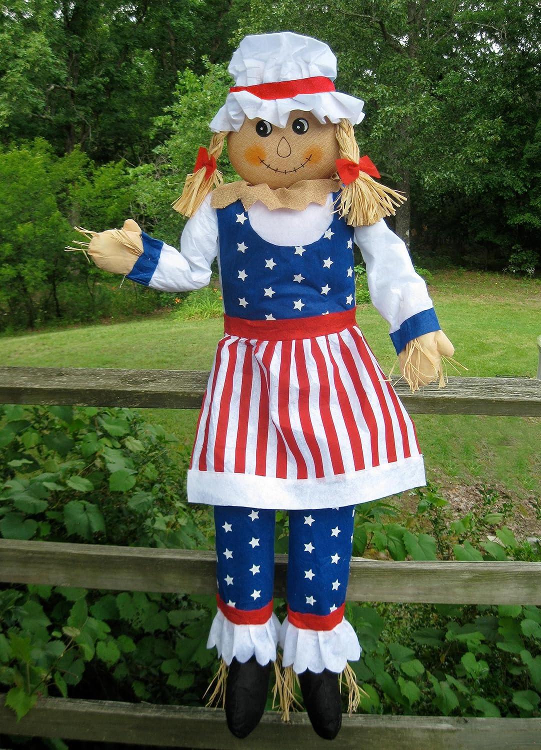 60" Large Sitting Scarecrow Mrs. Uncle Sam Patriotic Americana Fall Decoration 5'