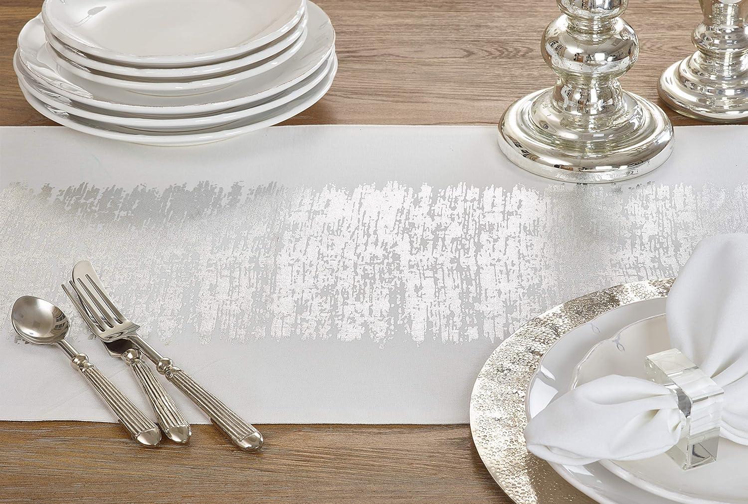 Silver Metallic Banded Cotton Table Runner, 16" x 54"