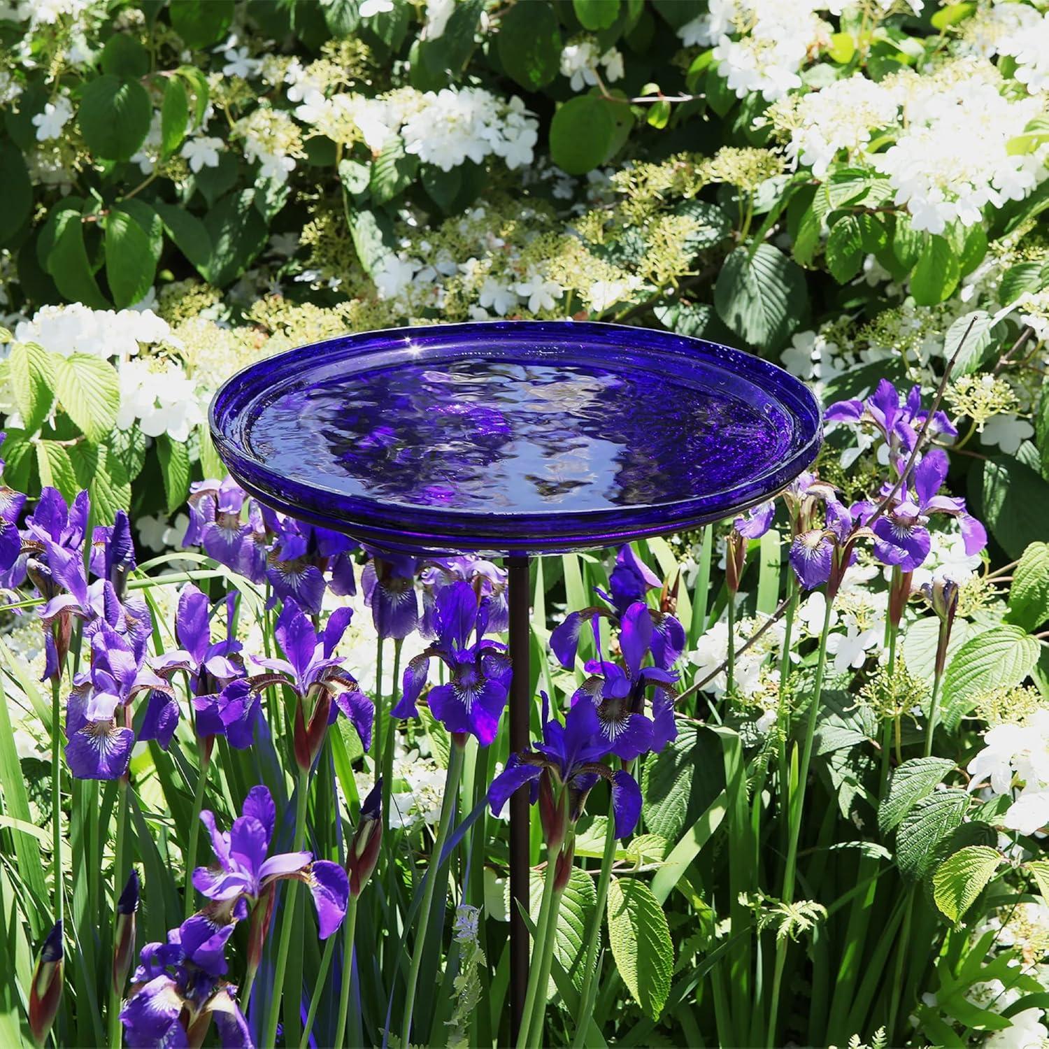 Achla Designs Crackle Glass Birdbath Bowl with Stake, 14-in, Cobalt Blue