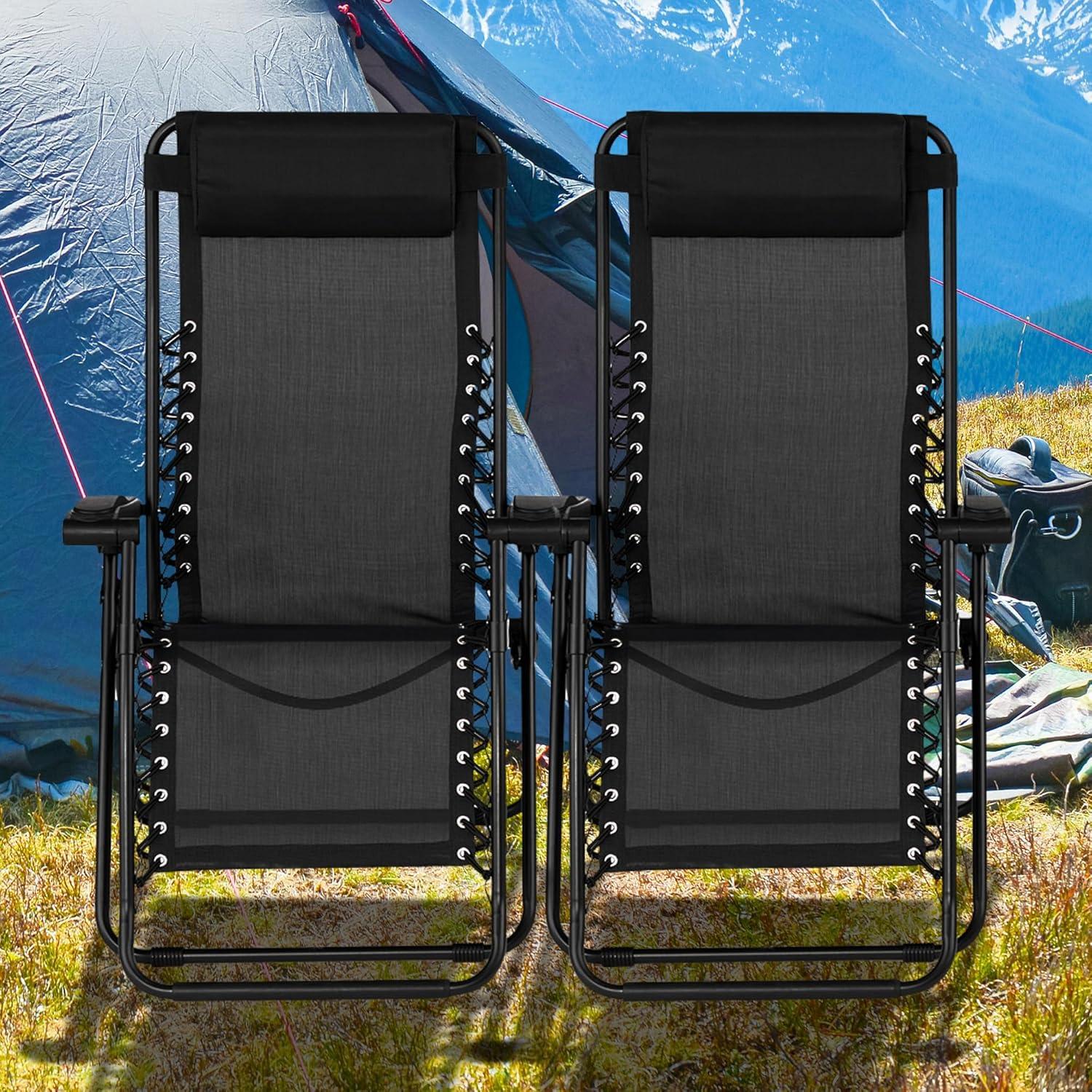 Caravan Sports Zero Gravity Outdoor Folding Lounge Chair, Black (Pair)