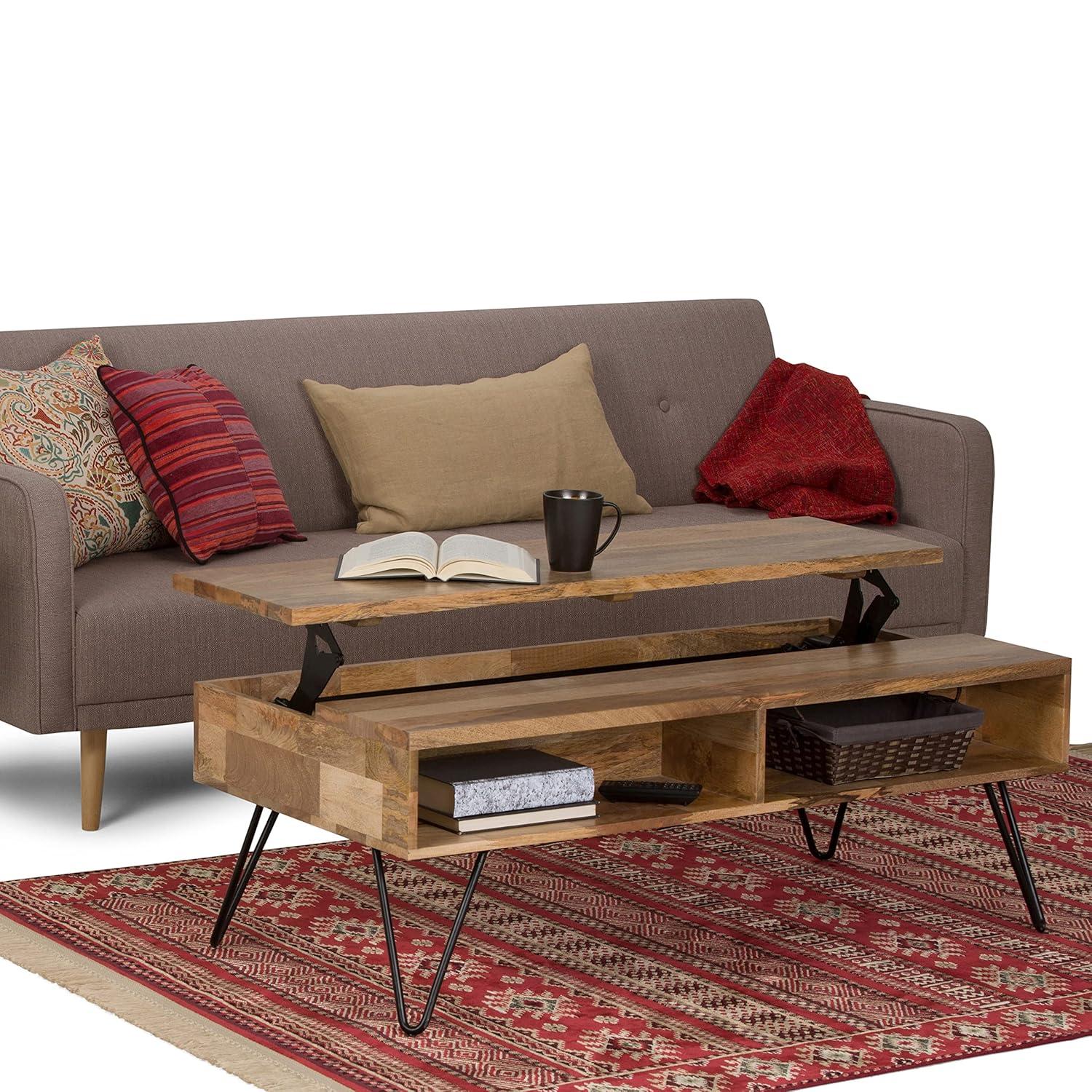 Hunter 48"W Solid Wood Industrial Lift Top Coffee Table with Hidden Storage and Metal Hairpin Legs