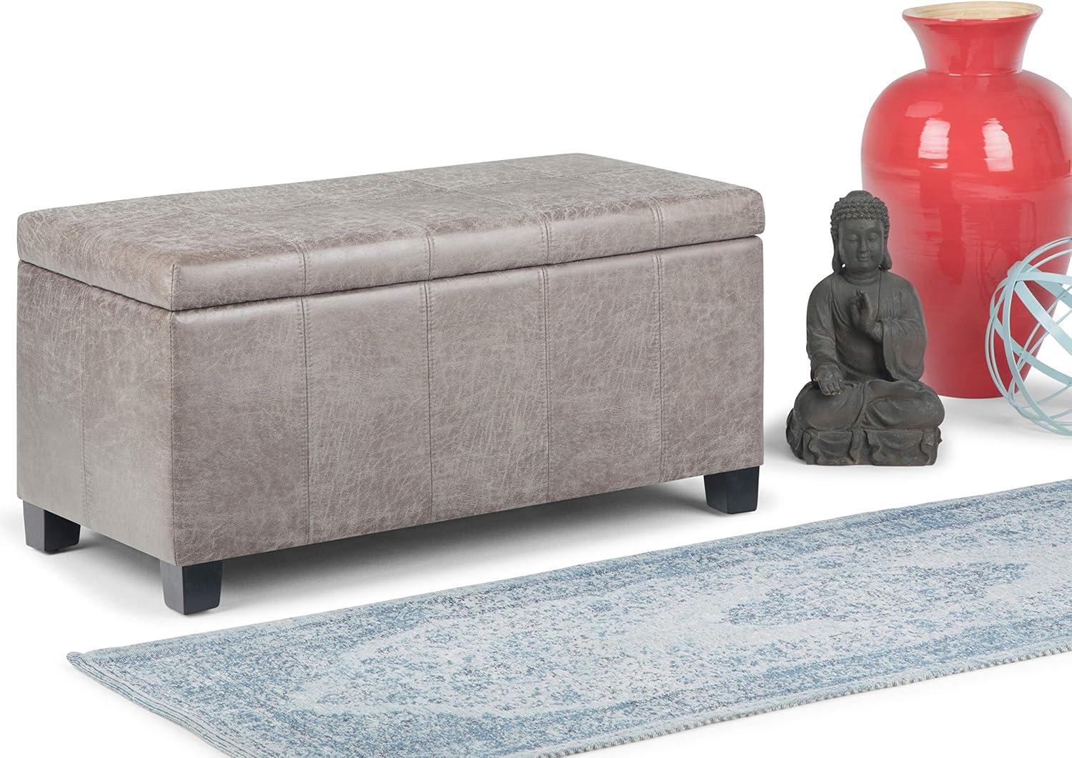 Simpli Home Dover Faux Leather Storage Ottoman Bench in Gray Taupe