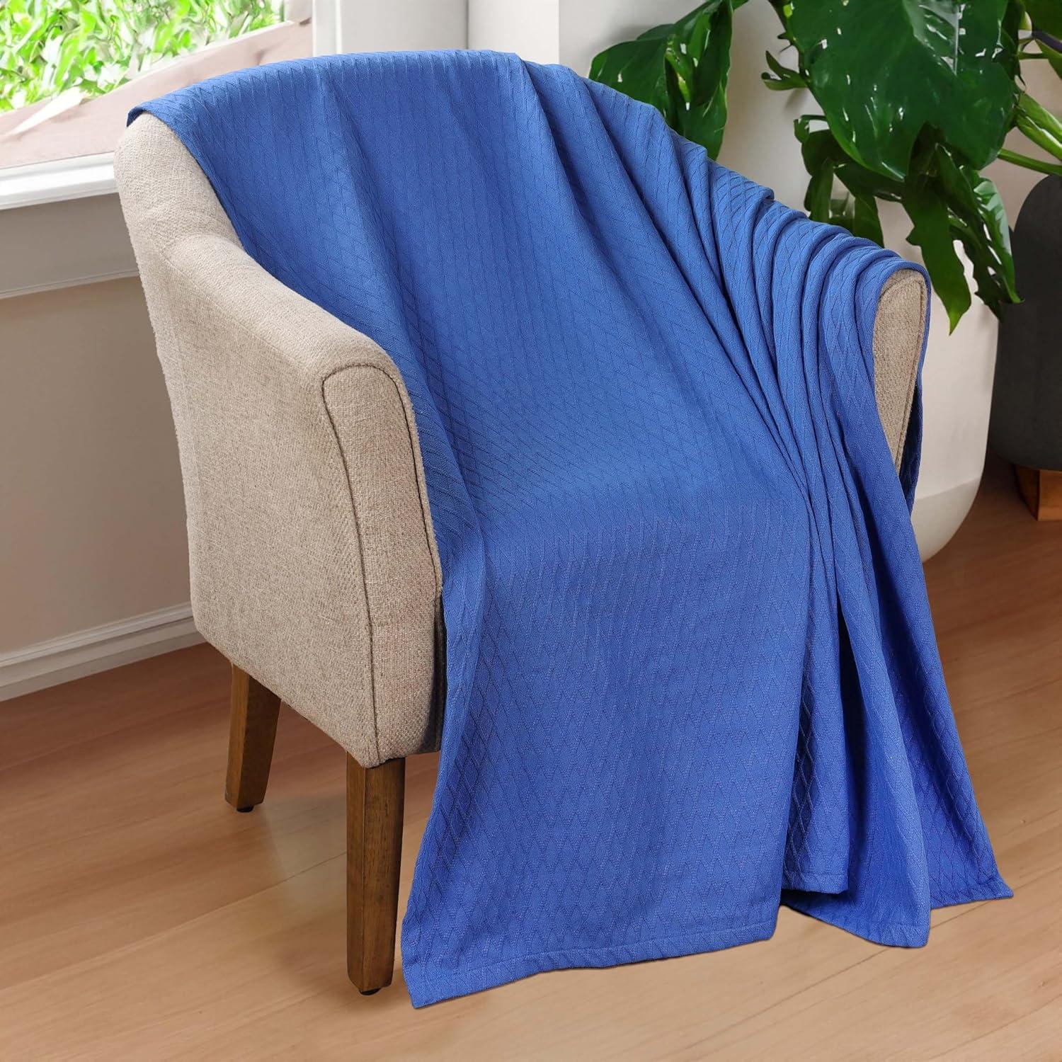 Merritt Blue Cotton Diamond Weave Knitted Throw Blanket