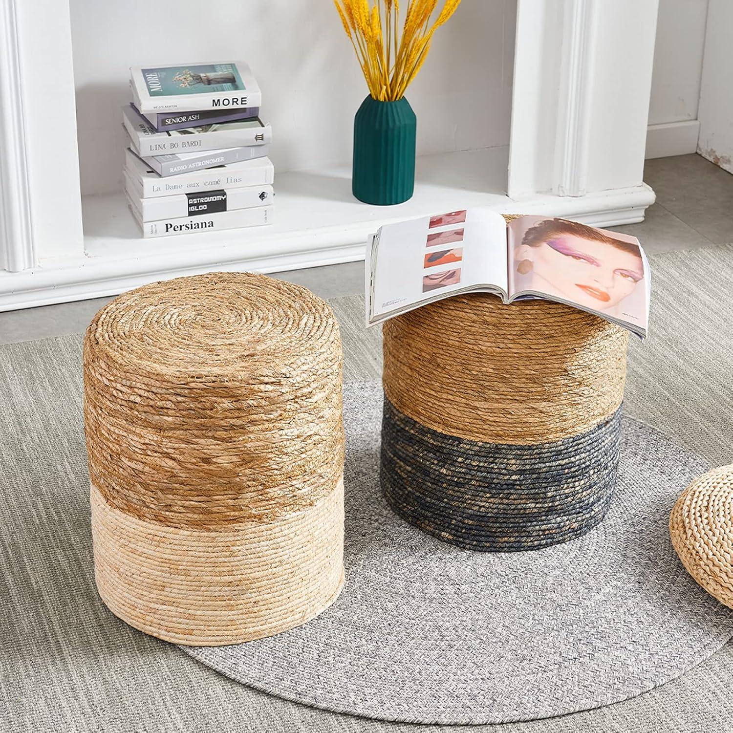 Mxfurhawa Seagrass Pouf Ottoman Round Accent Foot Rest Stool Outdoor, Natural & White