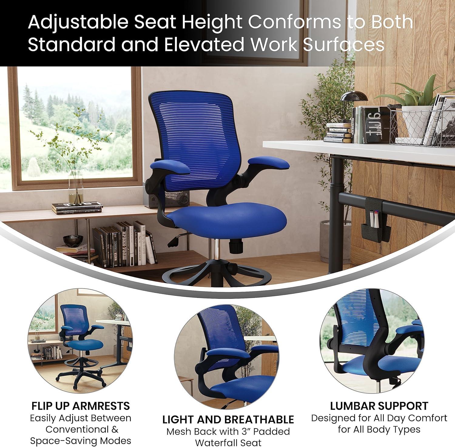 Flash Furniture Mid-Back Mesh Ergonomic Drafting Chair with Adjustable Foot Ring and Flip-Up Arms