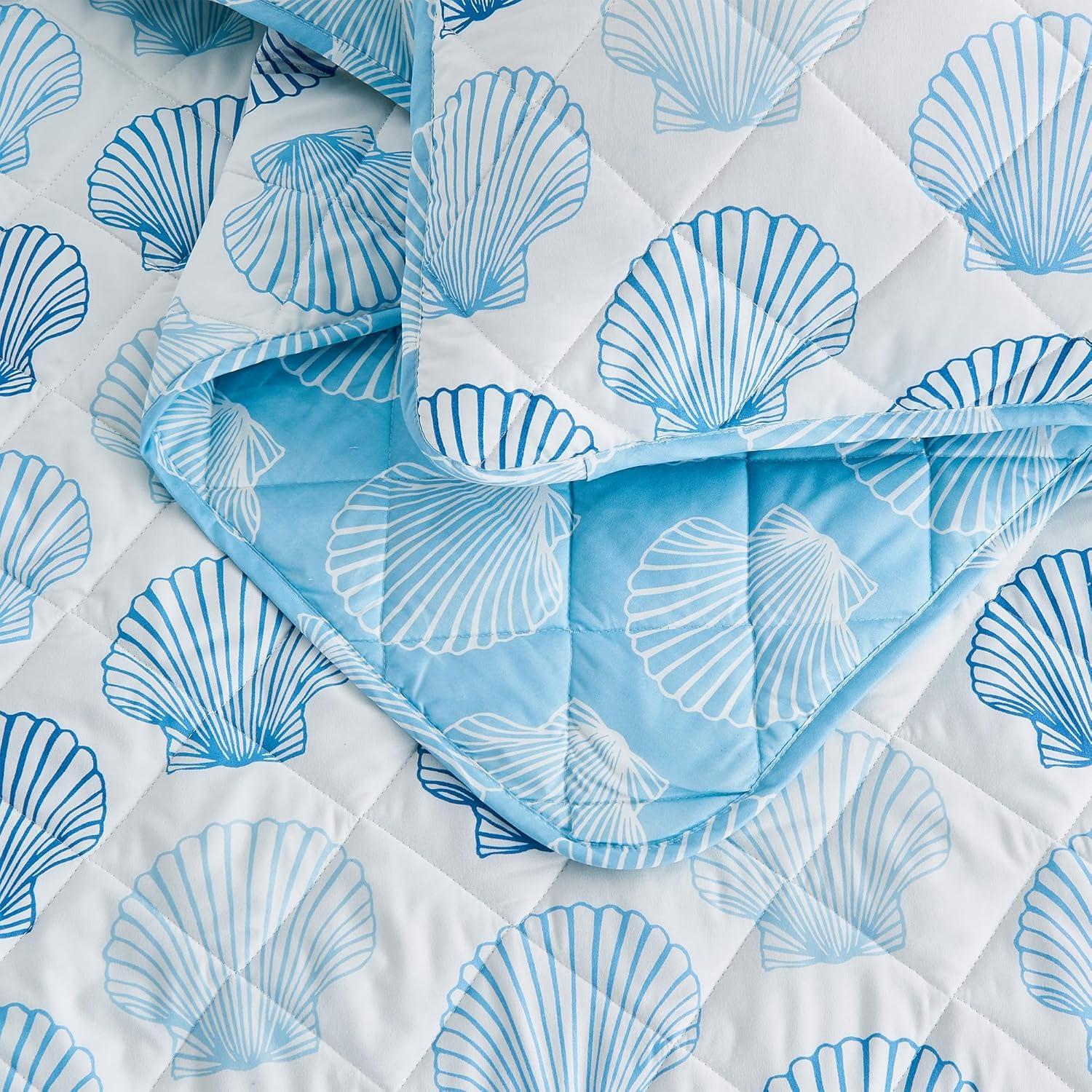 King Size Blue Seashells Microfiber Reversible Quilt Set