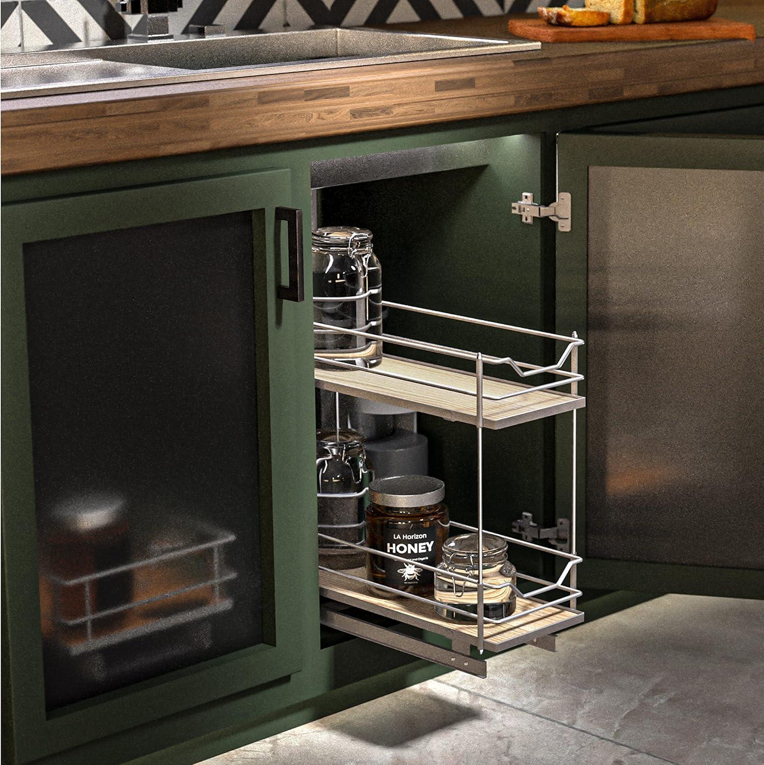 Home Zone Living 7.5” Width x 21” Depth 2 Shelf Pull Out Cabinet Organizer, Silver