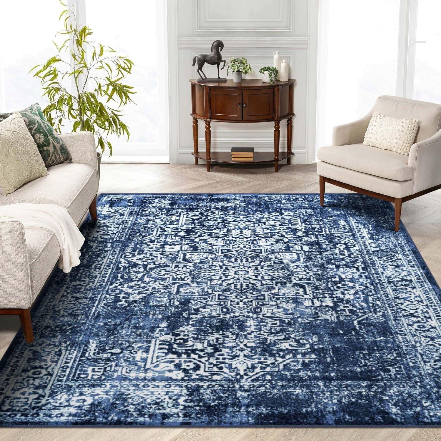 Rugs.com Oregon Collection Rug – 6' x 9' Blue Low-Pile Rug Perfect For Living Rooms, Large Dining Rooms, Open Floorplans