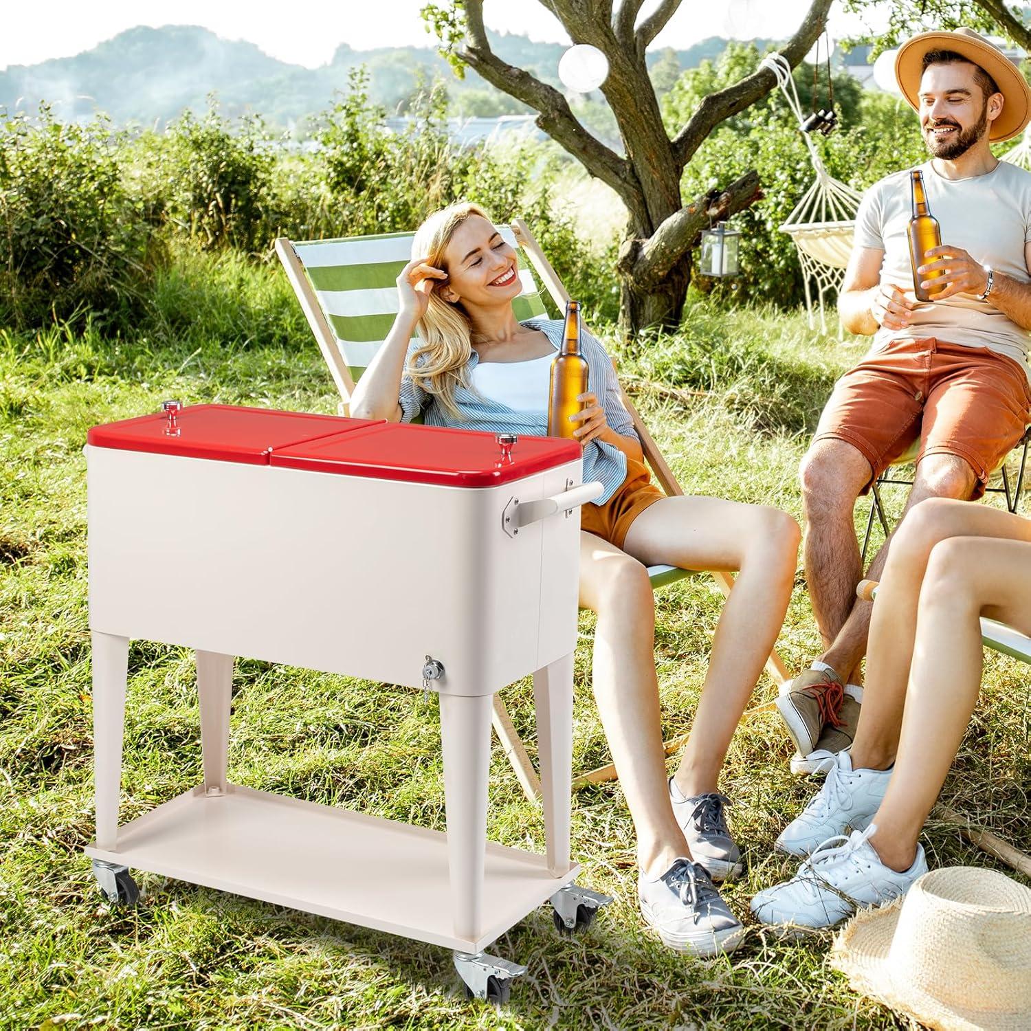 80QT Rolling Cooler Cart with Lockable Wheels, Portable Beverage Bar, Stand-Up Cooler Trolley with Open Shelf and Drainage Cap for Outdoor Activity - Includes Bottle Opener & Bottle Cap Catcher, Red