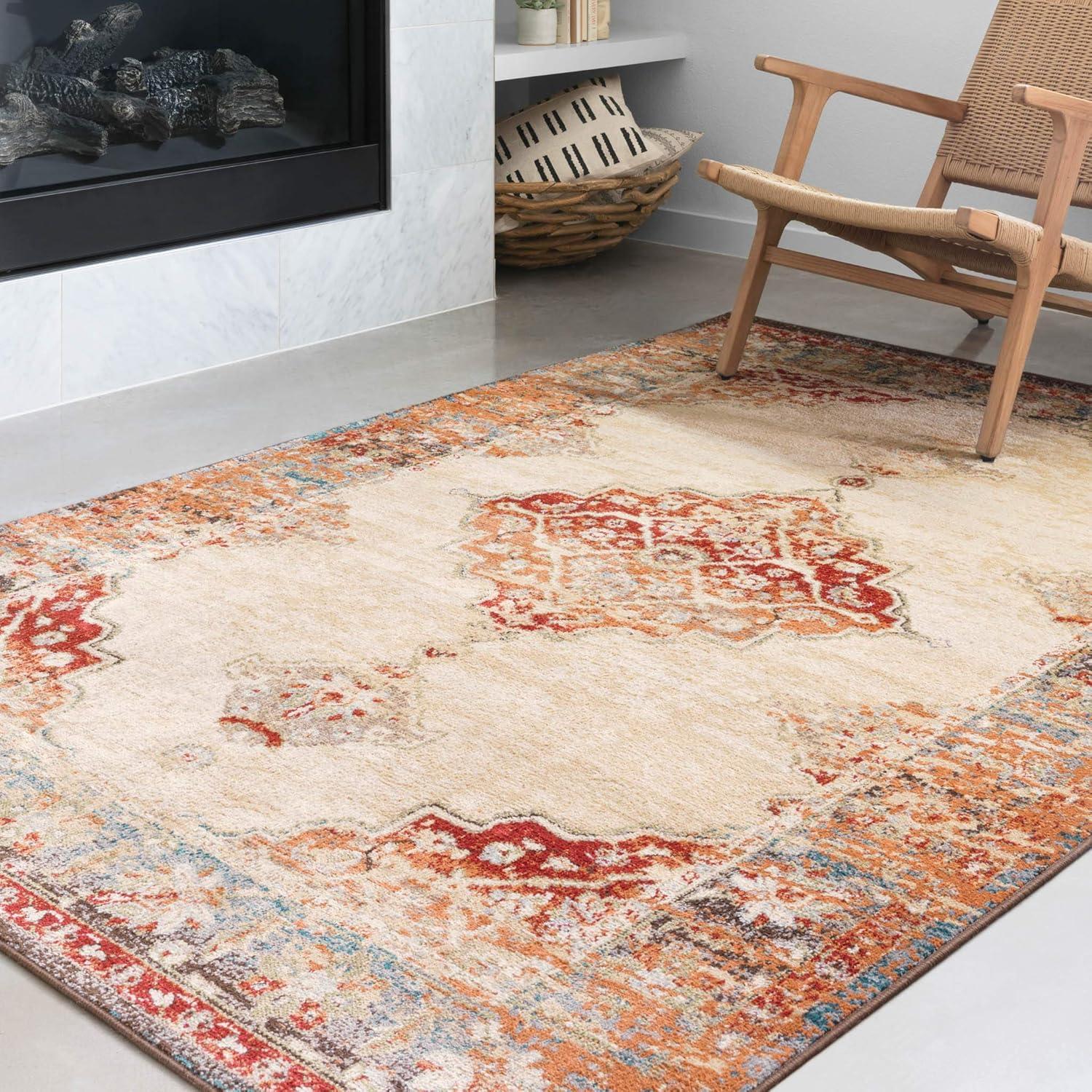 Ivory and Sunset Rectangular 4' x 6' Synthetic Area Rug